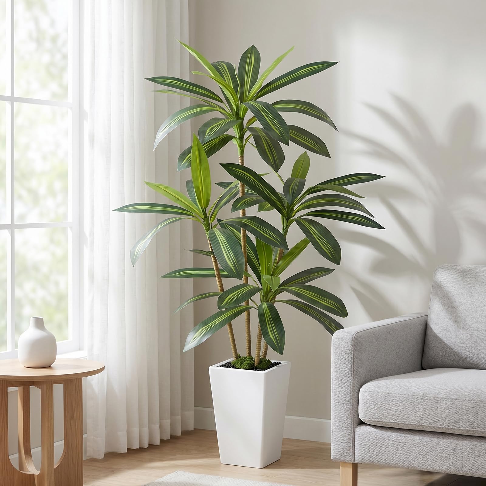 Dracaena Artificiel 160 cm Arbre Artificiel Interieur avec Pot Blanc Plante Artificielle Grande Tropical