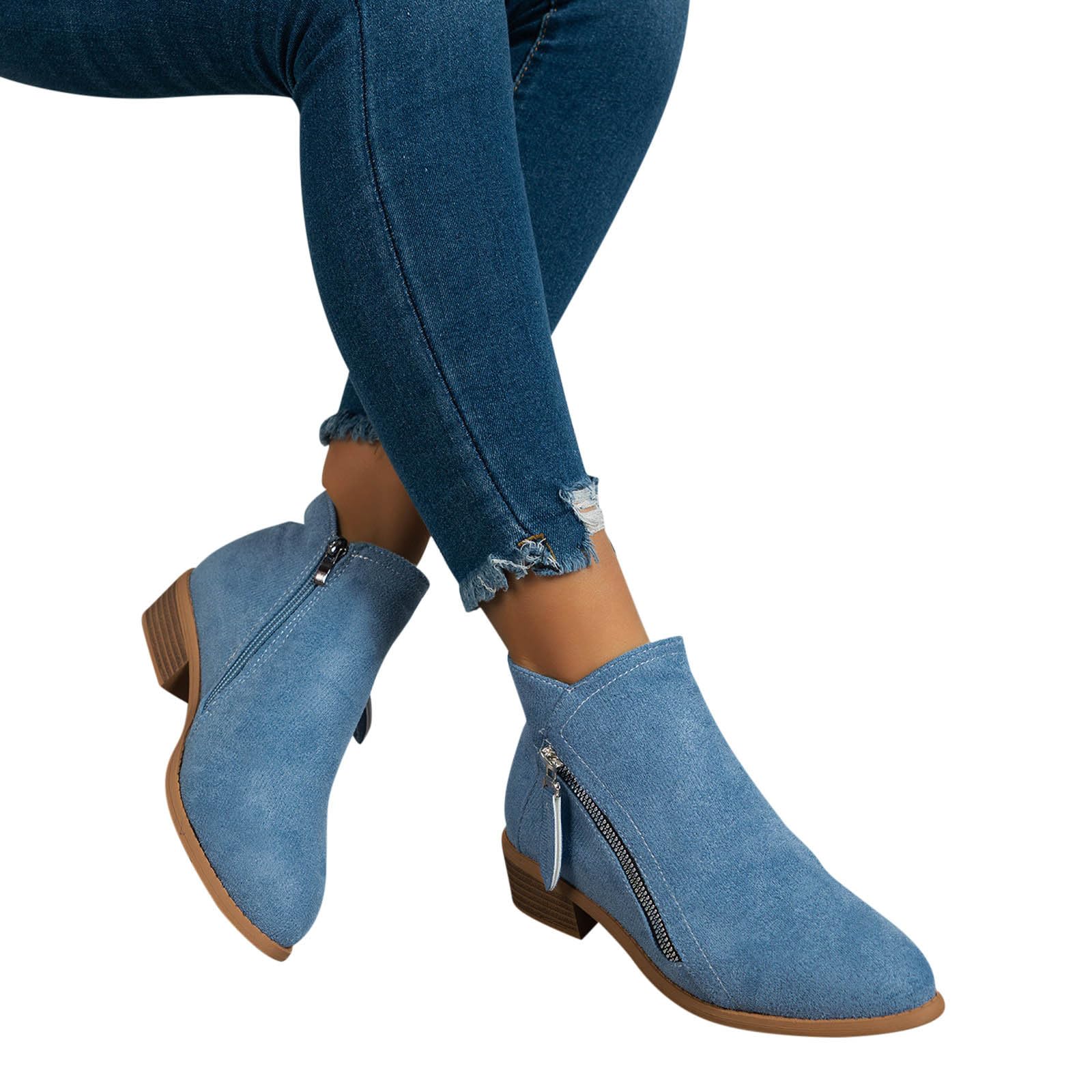 Bottines Chelsea en daim pour femme - Bout pointu - Talon bas et épais - Fermeture éclair latérale - Décontractées - Élégantes et confortables - Bottes western pour la marche en plein air