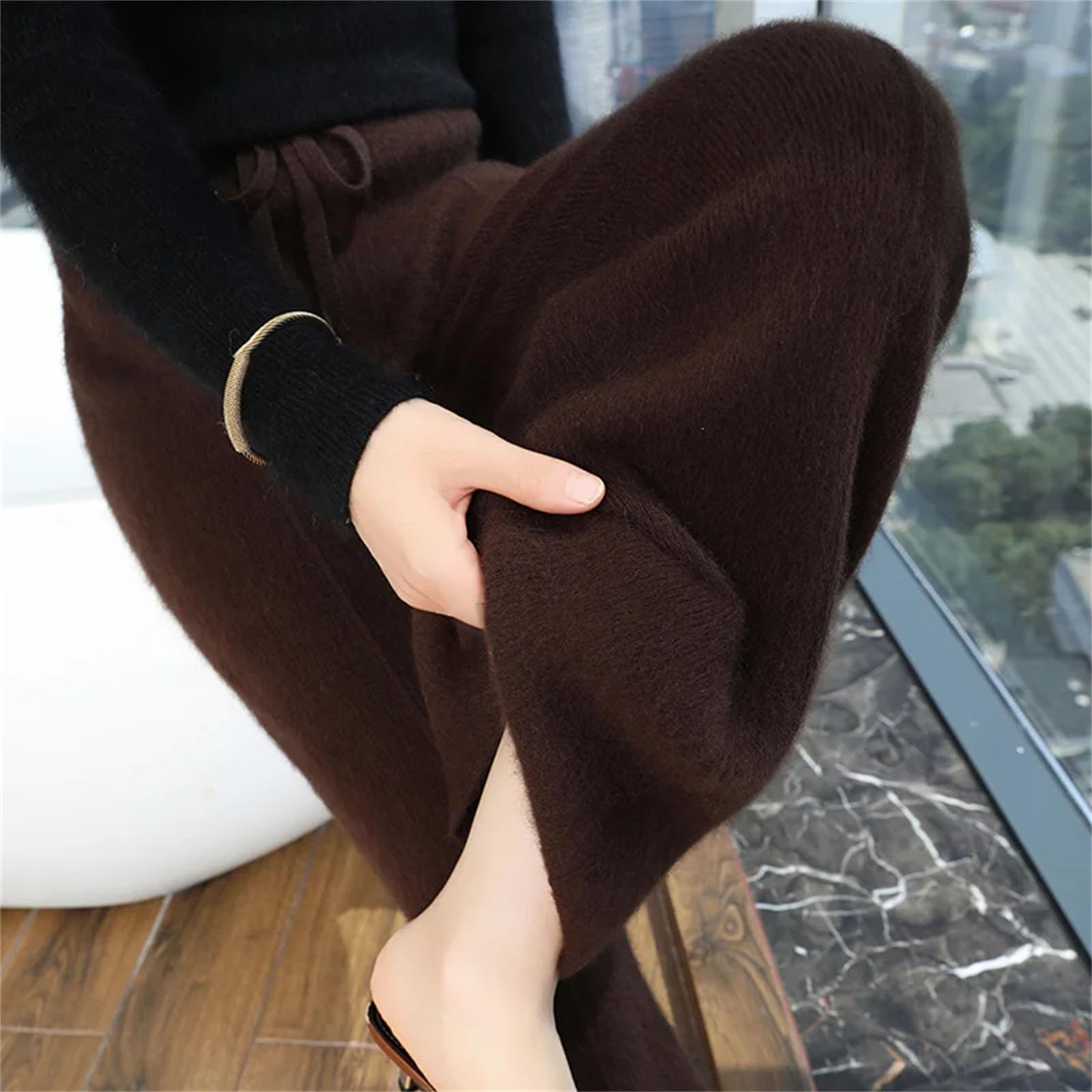 Kelsiop Pantaloni da donna a gamba larga con lacci elasticizzati in vita pantaloni in cashmere pantaloni invernali piatti senza deformazioni