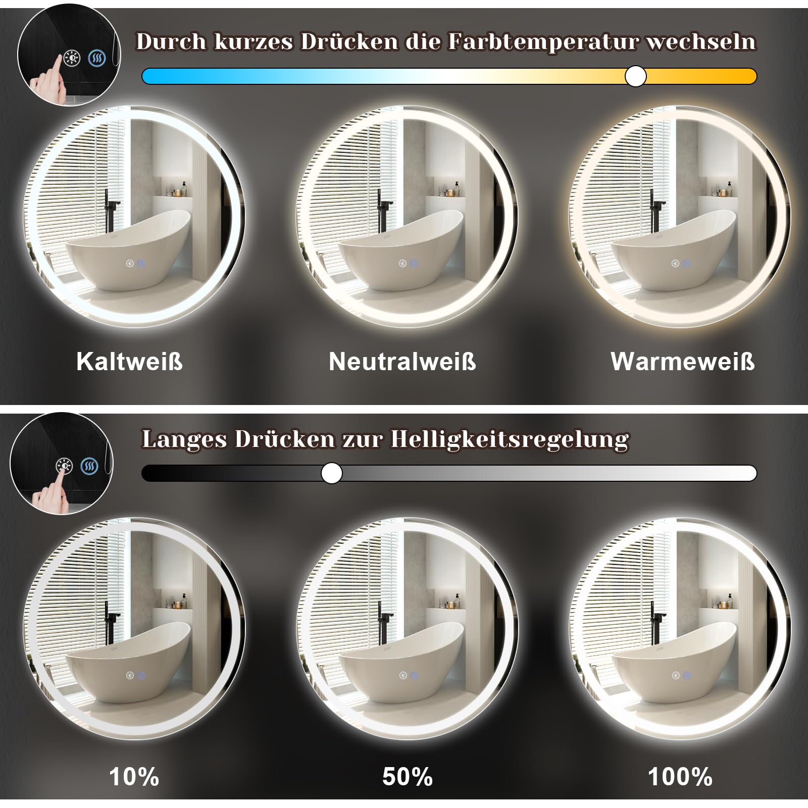 Rund Badspiegel Mit Beleuchtung - LED Bad Wand Spiegel Badezimmer Wandspiegel Mit Licht, IP44 50 cm Runder Badezimmerspiegel Bathroom Mirror Mit Beleuchtet und Entfogger-Funktion