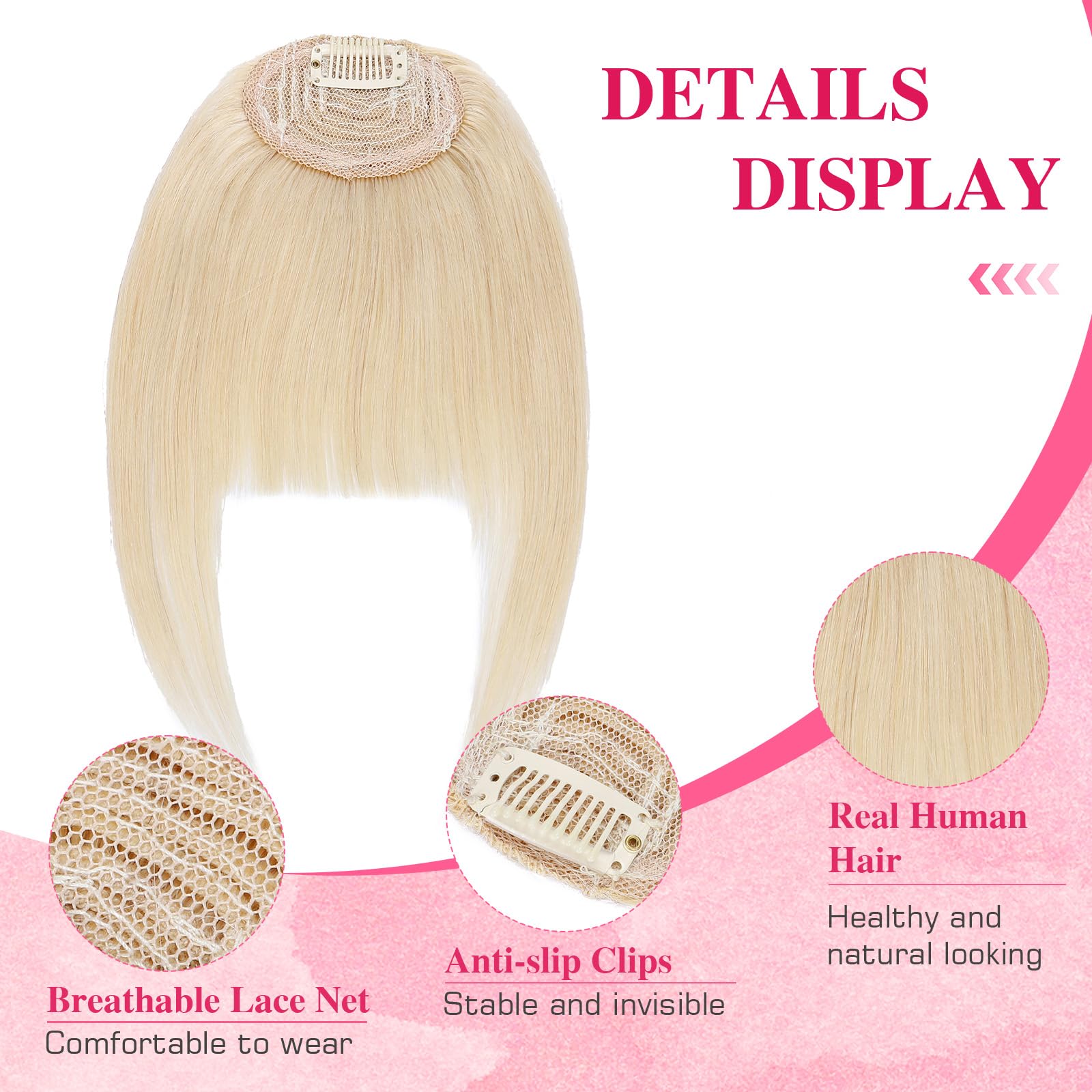 MY-LADY Frangia a Clip Capelli Veri 14g, Leggera Frangetta Finta Francese con Tempie, Biondo Platino Posticci Frangia Frontale Extension per Correggere i Contorni del Viso, Clip in French Bangs (#60)