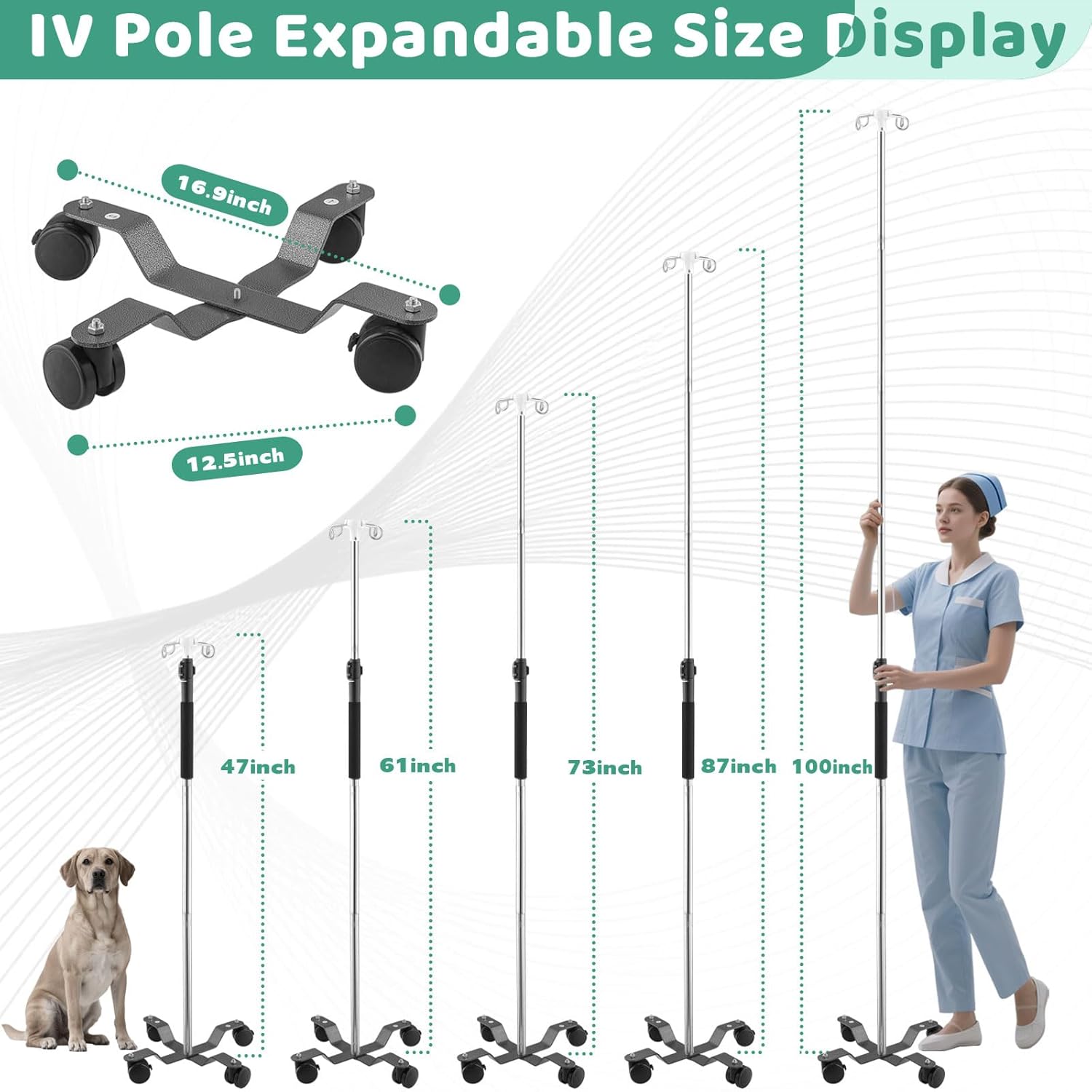 IV Pole with Wheels,48 to 95In Portable IV Floor Stand with 4 Hooks IV Bag Holder Stand Telescopic Feeding Pump Stand Stainless Steels Pipe Extension Pole IV Influsion Pole (48-95in) - Image 2