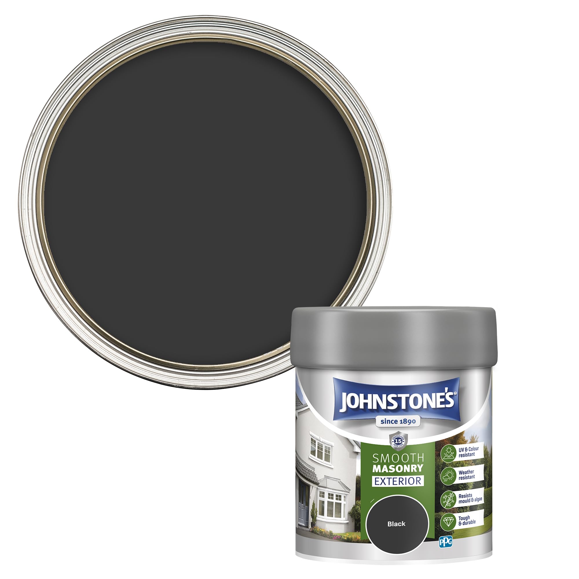Johnstone's Black Johnstone’s – Exterior Smooth Masonry Paint - Tester Pot – – Up To 15 Years Protection – Weather & Dirt Resistant – 12M2 Coverage Per Litre - Dry In 1-2 Hours – 225 Ml