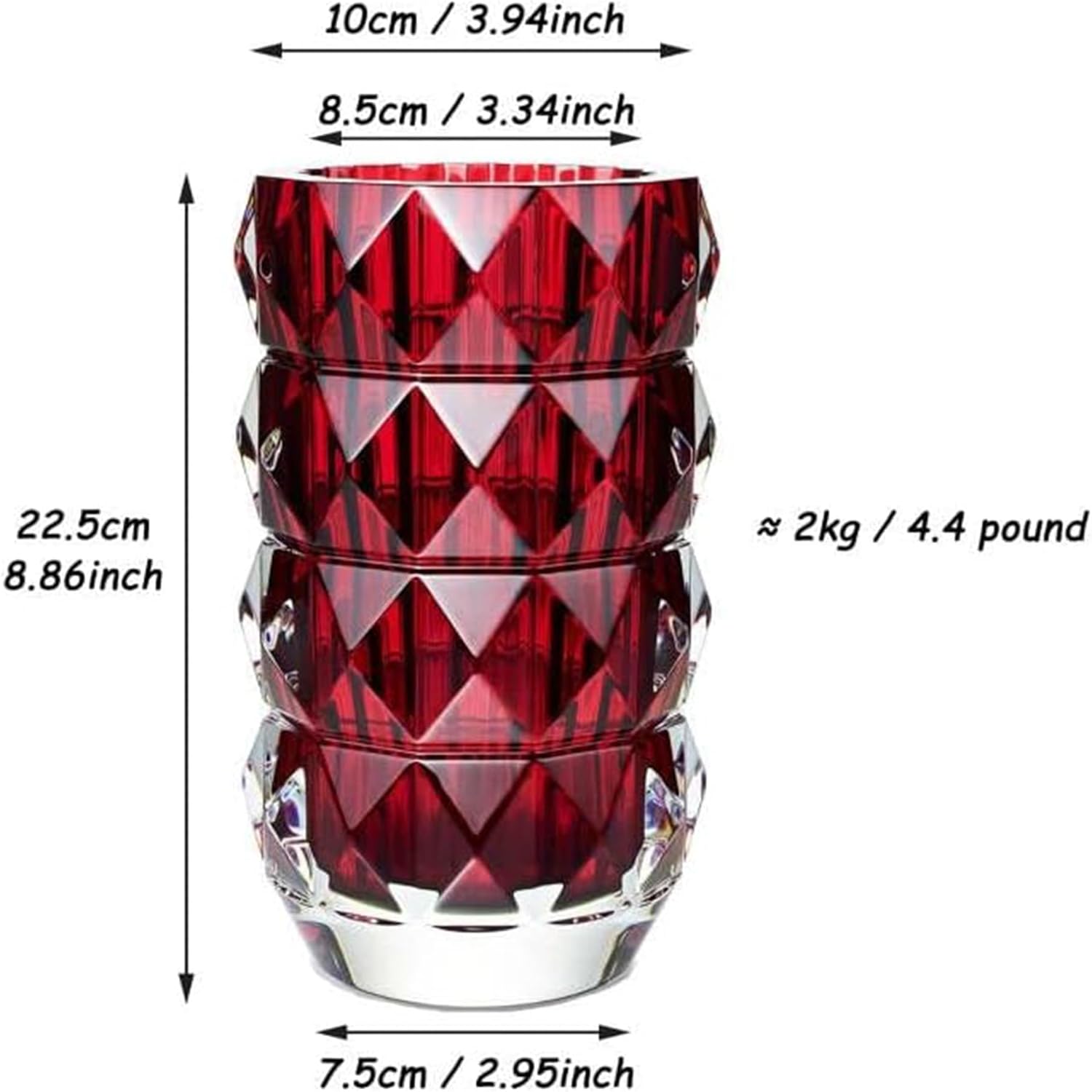 Heavy Duty Modern Crystal Glass Flower Vase - Handmade Red Round Glass Vase Decor for Wedding Party, Office, Living Room, Bedroom, Dining Table