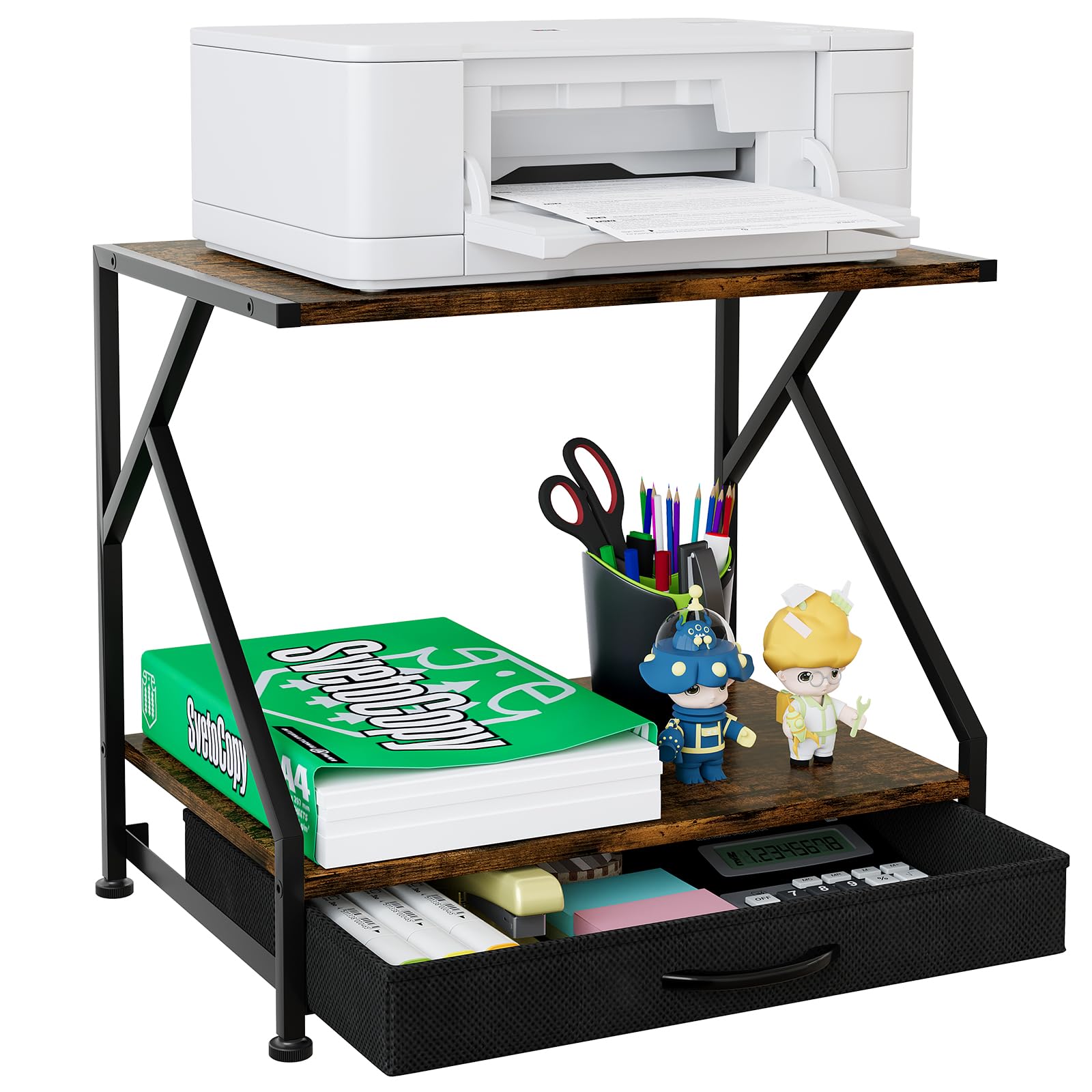 EasyPAG 2 Tier Metal Wood Desktop Printer Stand,Office Storage Shelves wtih Drawer for Printer & Fax,Desk Organiser for Home,Brown
