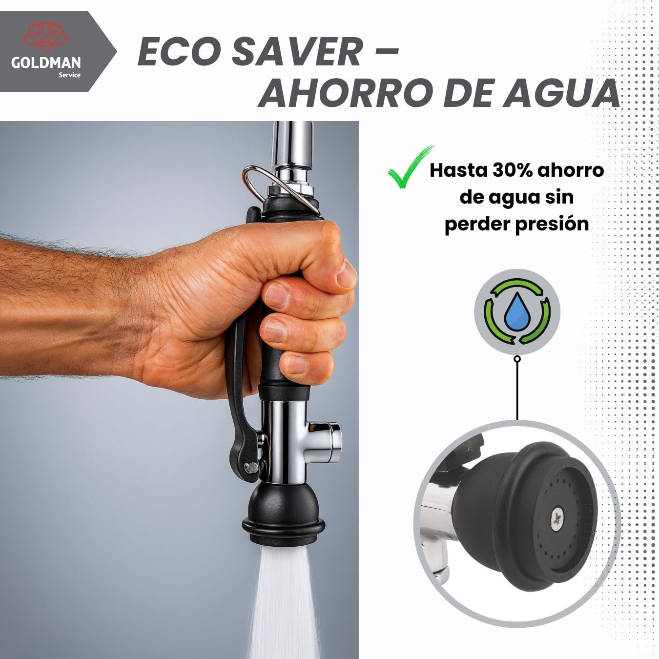 GOLDMAN SERVICE | Grifo Cocina Industrial Monomando Negro Extensible con Rociador | Alcachofa Pulverizadora Eco Saver Hostelería y Hogar | Diseño Compacto Flexible