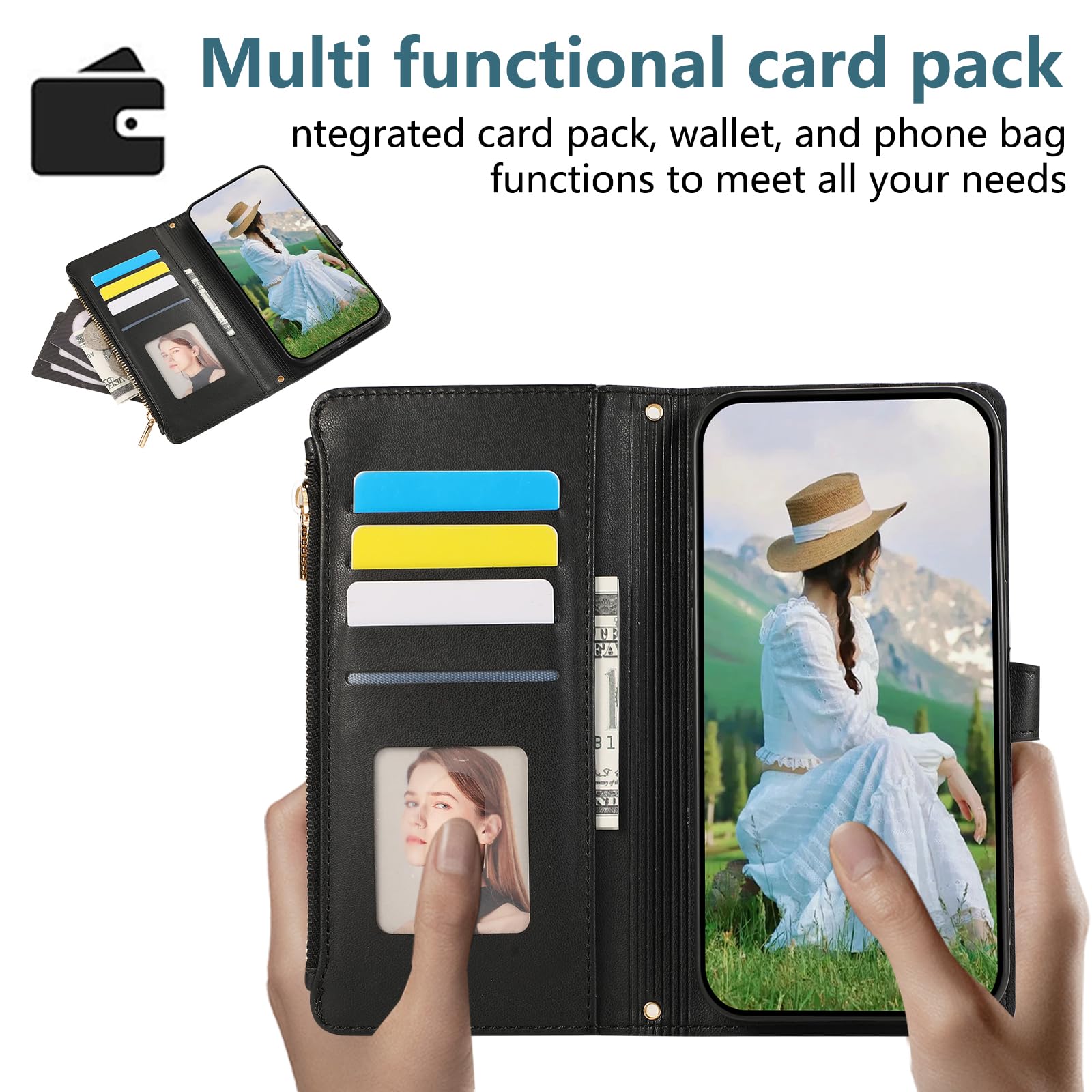 Google Pixel 10a 用 ケース 手帳型 財布型 カバー グーグルピクセル10a ケース 手帳型 おしゃれ ファスナー型 小銭入れ カード収納 携帯カバー Googleピクセル10A に適用 手帳型ケース 刺繍 高級PUレザー 肌触り良い Pixel10aスマホケース マグネット式開閉式 スタンド機能 全面保護(ブラック) - 3