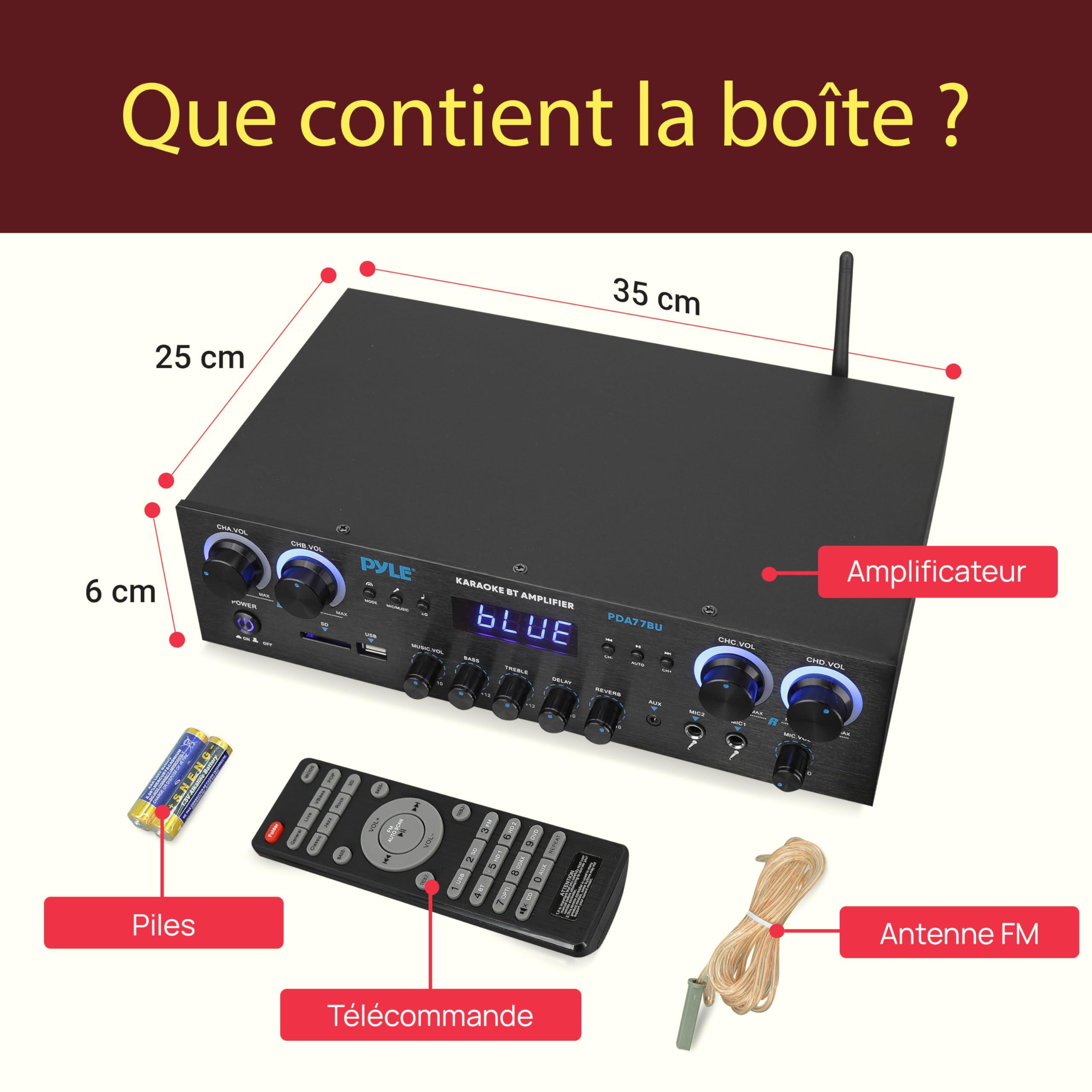 Pyle Amplificateur Bluetooth 4 Canaux 800W – Récepteur Audio HiFi pour Home Cinéma, Studio Musique, DJ & Enceintes Maison | USB, MP3, AUX, FM, Micro avec Réverbération, Écho, Contrôle Volume LED