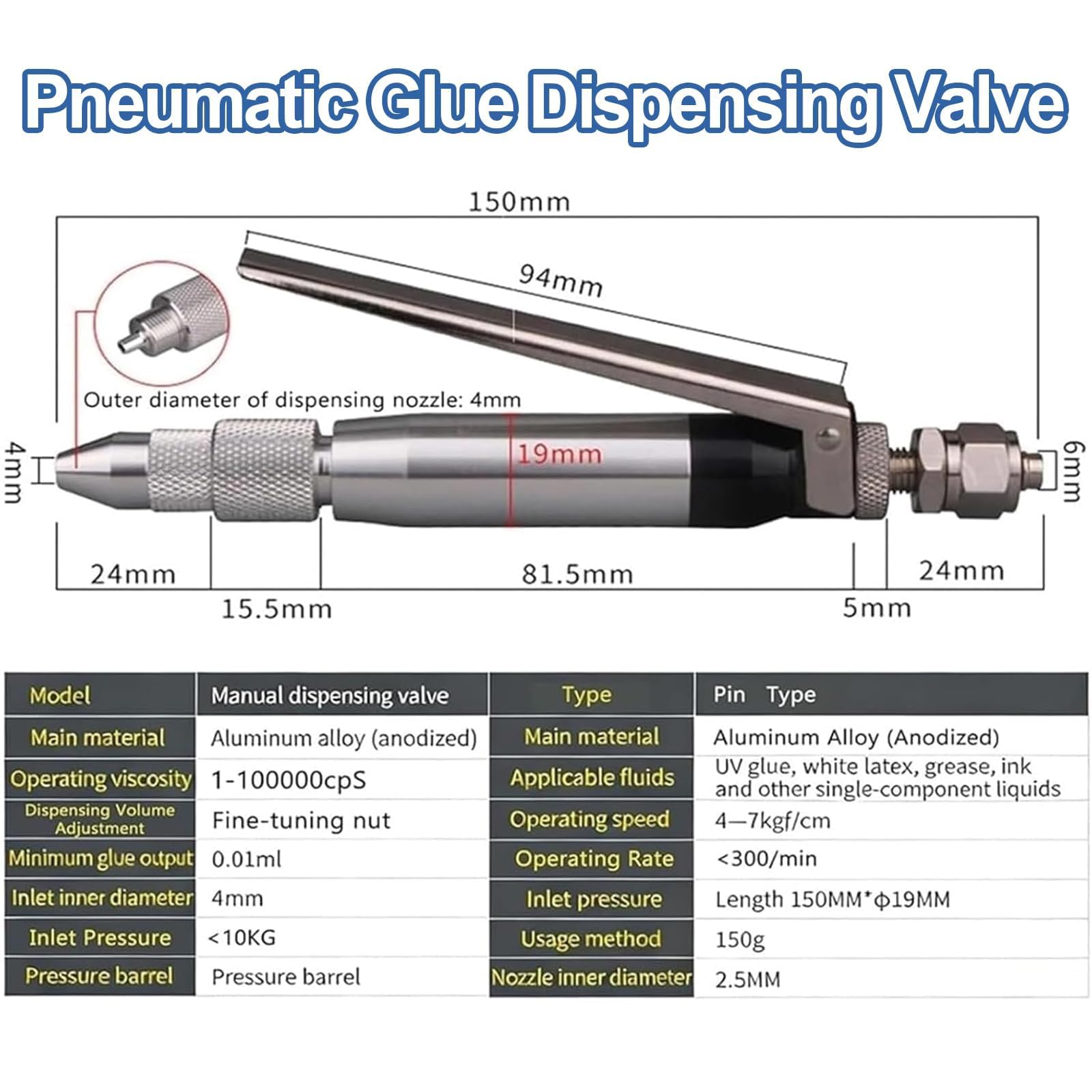 COYEUX Válvula Neumática Manual para Dispensación De Pegamento, Controlador De Dosificación, Diseño Antigoteo con Succión Trasera, Salida De 1,2 Mm, Rango De Viscosidad De 1 A 100000 CPS, para La