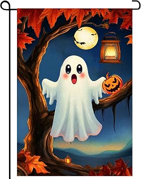 Halloween Cute Ghost Garden Flag 12x18 Vertical Double Sided Pumpkin maple leaf Welcome Yard Flag Fall Holiday Outside Decorations Burlap for Outdoor Patio Lawn Farmhouse Farmland Holiday Decoration
