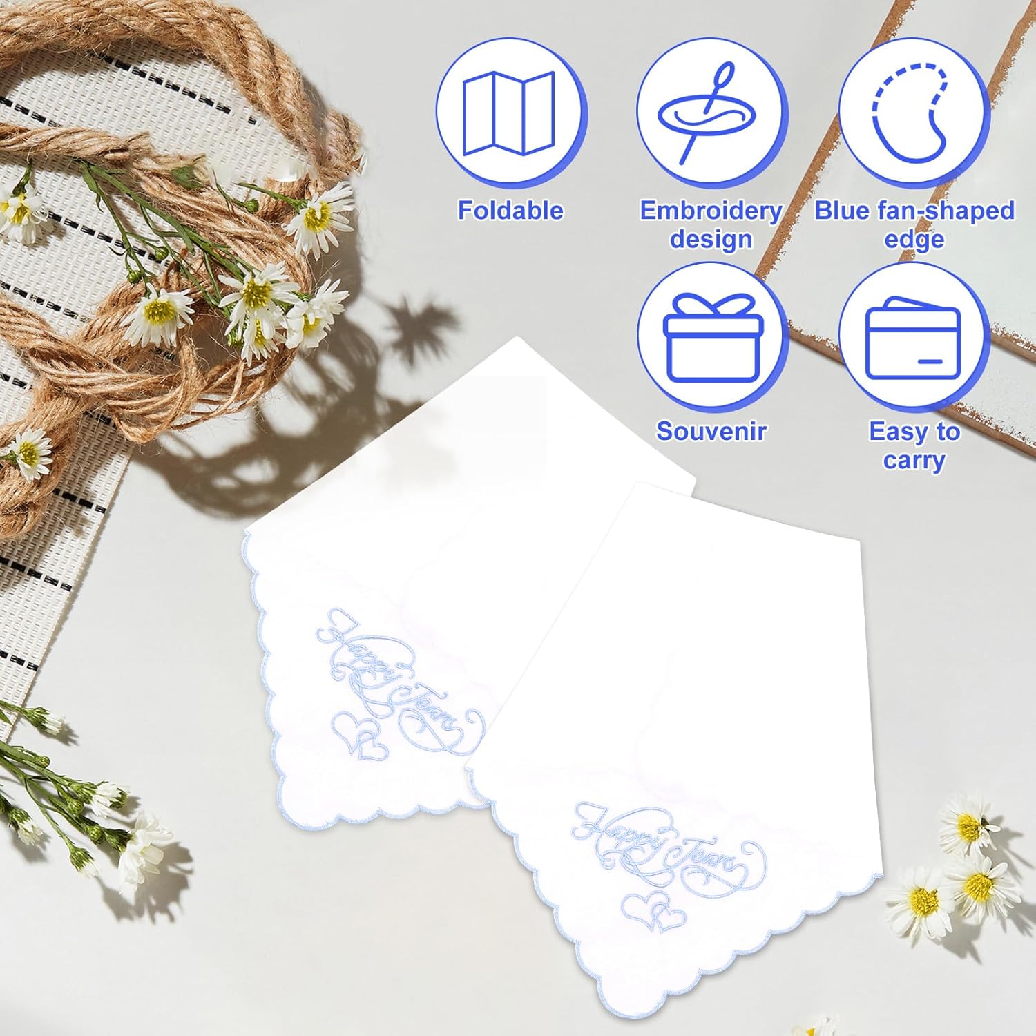 12PCS Wedding Handkerchief Bride 11" x 11" Happy Tears Cotton Mother Father Groom Bride Handkerchiefs with Scallop Lace Edges for Wedding Day - Image 4