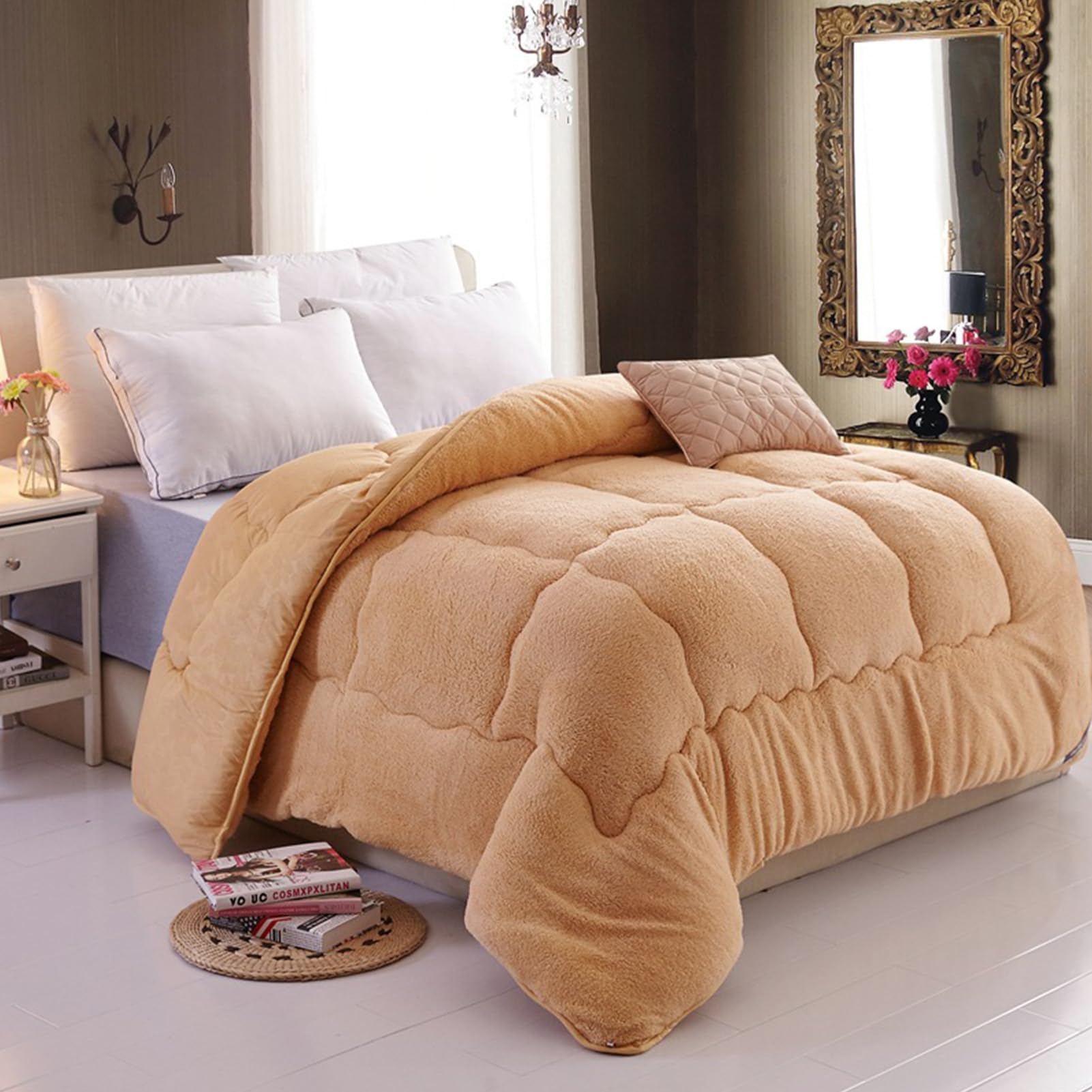 Edredón Relleno Nórdico Cama Cálido Gruesa Engrosado Otoño E Invierno de Terciopelo de Cordero de Plumas y Plumón Ultra Ligero, 100% Algodón Orgánico, Dermoprotector, Lavable (Camel,180*220cm-3kg)