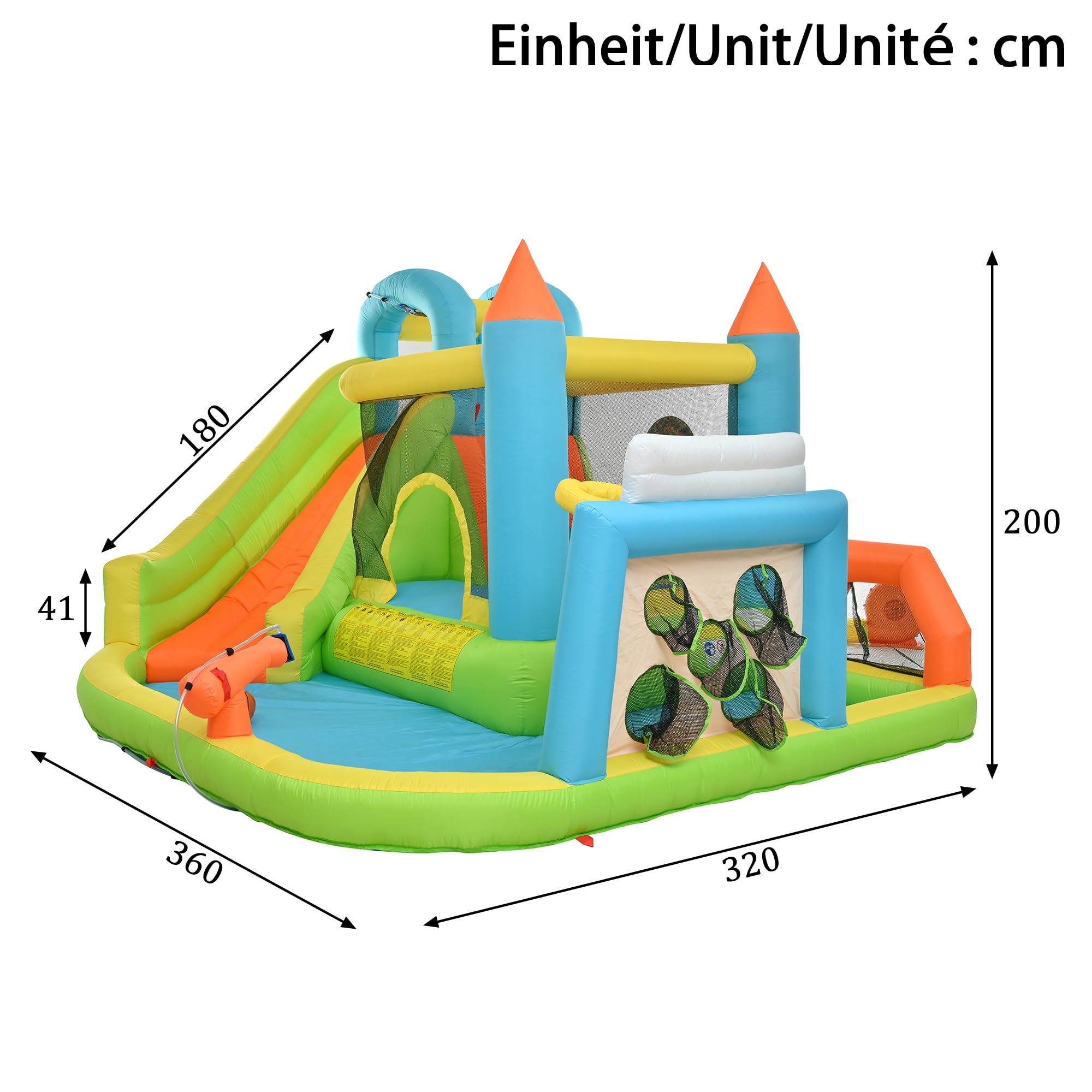 Gecheer Kinder Hüpfburg Aufblasbar 360x320x200cm mit Rutsche Wasserpool Basketballkorb Outdoor Spielzeug für Kinder von 3-10 Jahren Garten Party Strand Camping Geburtstag Sommer Wasserspaß