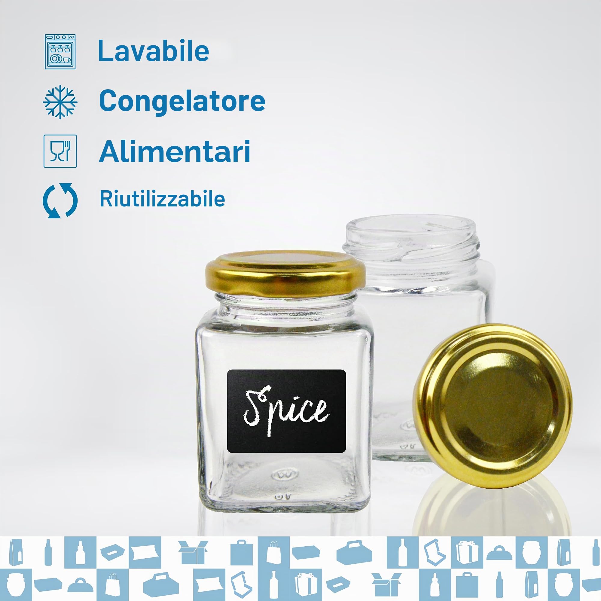 Espirito Rebelde 20 vasetti di vetro quadrato per spezie, 100 ml, con coperchio + 20 ardesie + gesso, barattoli portaoggetti da cucina, spezie, marmellata, yogurt