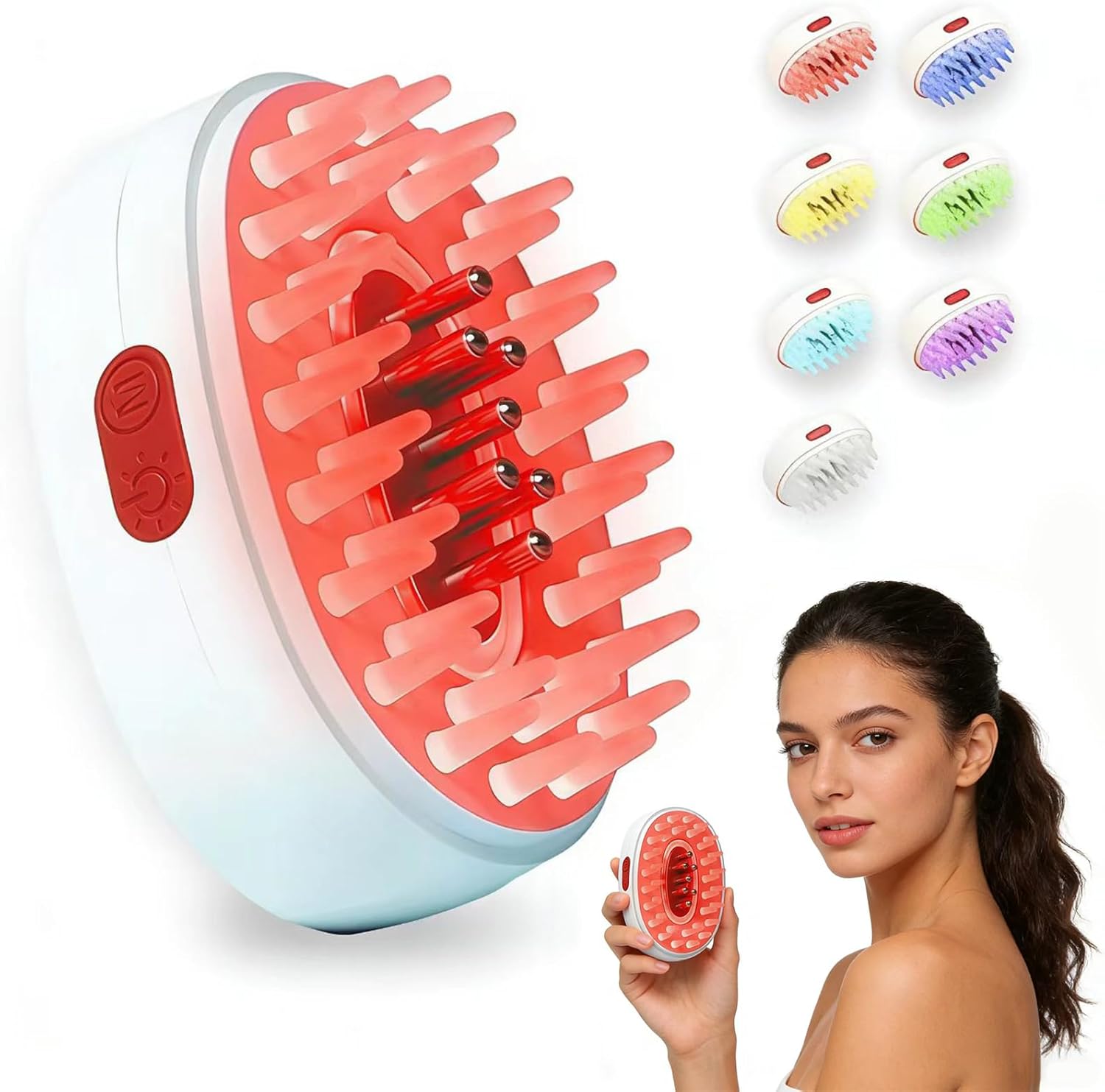 7-in-1 Red Light Scalp Massager Brush Vibrating Electric Scalp Massager with LED Light Modes & Serum Applicator, Cordless Waterproof Hair Care Tool for Head Spa, Scalp Massage (White)