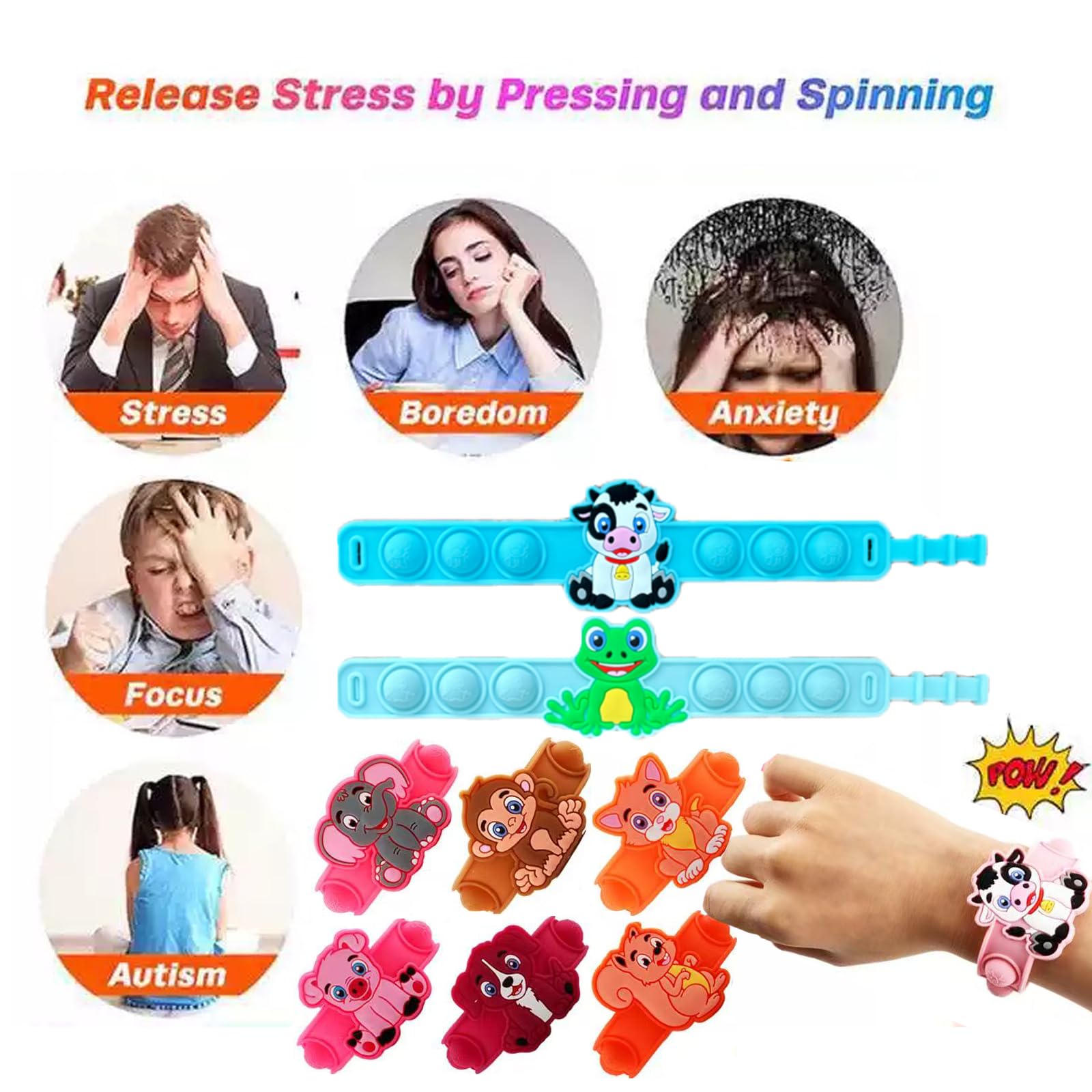 ZLWENA Fidgetbänder 12 Stück - Pop Armbänder Mit Tiermotiven Für Kinder 4-12 Jahre