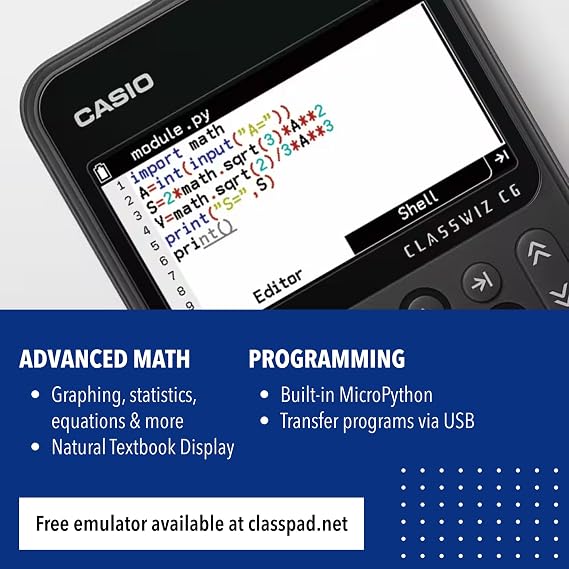 حاسبة الرسوم البيانية الملونة Casio fx-CG100 ClassWiz مع رسم بياني ثلاثي الأبعاد وPython | شاشة كبيرة عالية الدقة ووظائف أساسية ومتقدمة | مثالية للامتحانات والعلوم والتكنولوجيا والهندسة والرياضيات والبرمجة والمتقدمة