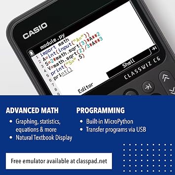 حاسبة الرسوم البيانية الملونة Casio fx-CG100 ClassWiz مع رسم بياني ثلاثي الأبعاد وPython | شاشة كبيرة عالية الدقة ووظائف أساسية ومتقدمة | مثالية للامتحانات والعلوم والتكنولوجيا والهندسة والرياضيات والبرمجة والمتقدمة