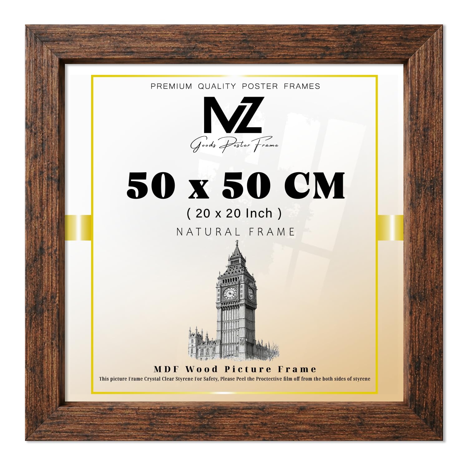 MZ GOODS | MDF Poster Frame (50 x 50 CM) 20" x 20" for Movie Posters, Sketch Art, MDF Wood Finish, Secure Hanging Hooks for Display [ Rustic ] — image 1