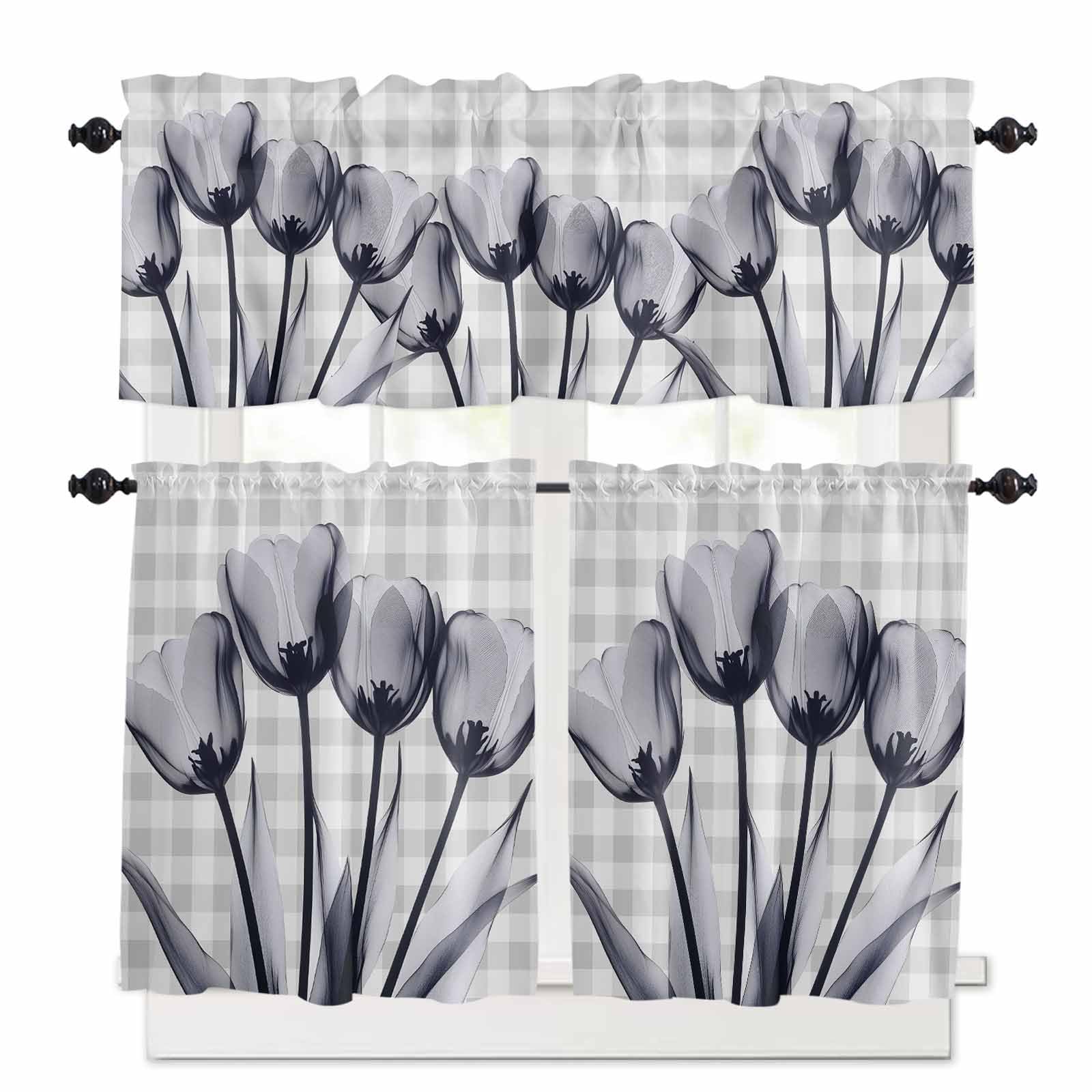 Grey Tulip Kitchen Curtains 36 Inch Length, 3 Piece Rod Pocket Small Half Tiers and Valance Set, Farmhouse Elegant Flowers Checkered Small Large Window Treatment Decor for Bedroom/Bathroom Sink