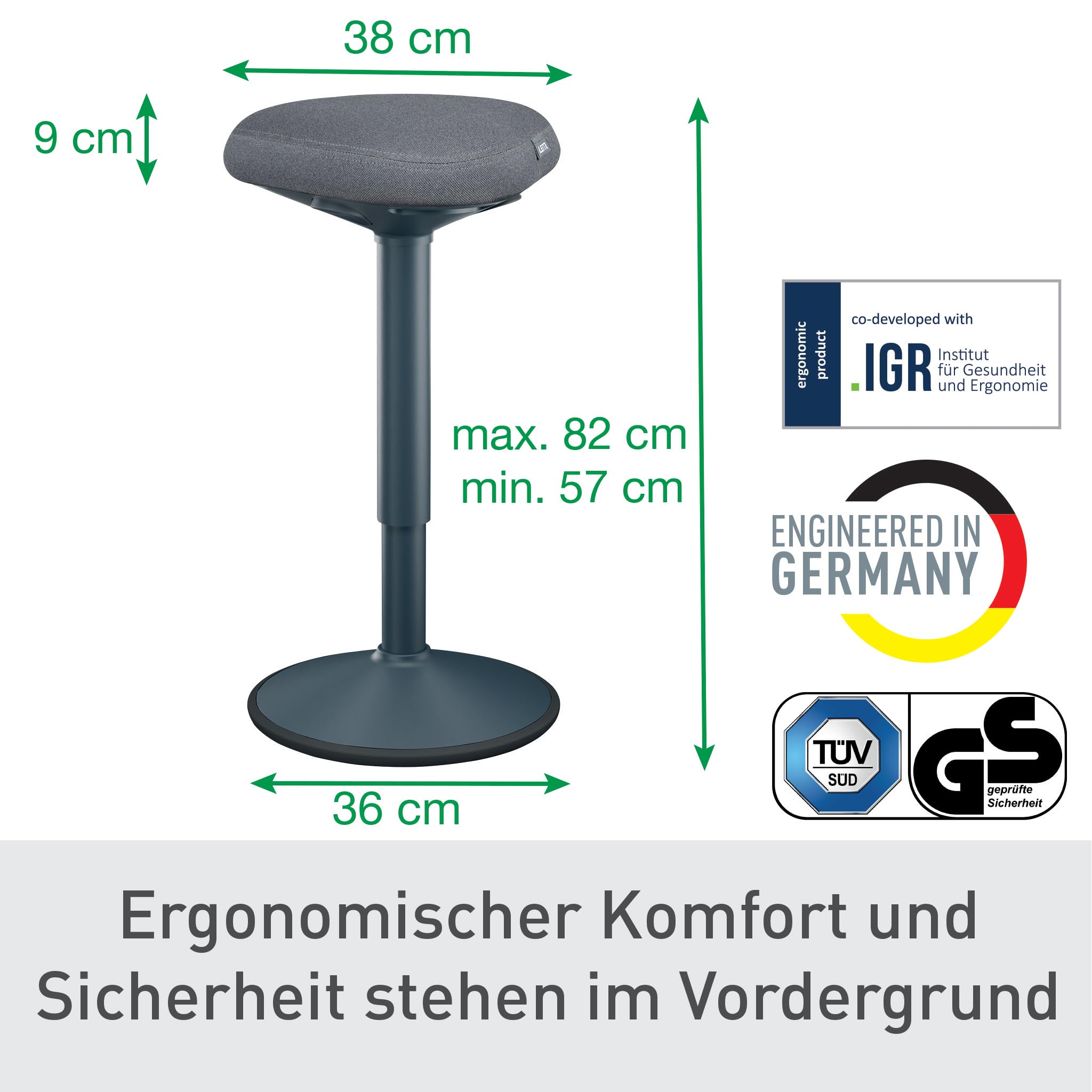 Leitz Ergo Active Stehhocker mit Dual Density Foam Komfortsitz, Bürohocker höhenverstellbar von 57 bis 82 cm, Sitzbezug aus 100% Recycling-Material, Für bis zu 110kg, Ergo-Serie, Dunkelgrau, 65450089