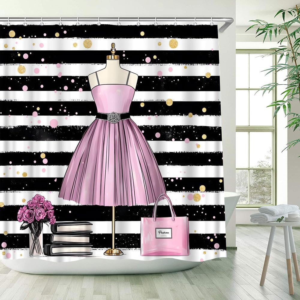 Fashion Girly Dresses Shower Curtain Pink Floral Black and White Stripe Magazines Romantic Makeup Themed Bathroom Decor Polyester Fabric Curtains with Hook 80Wx70H Inches
