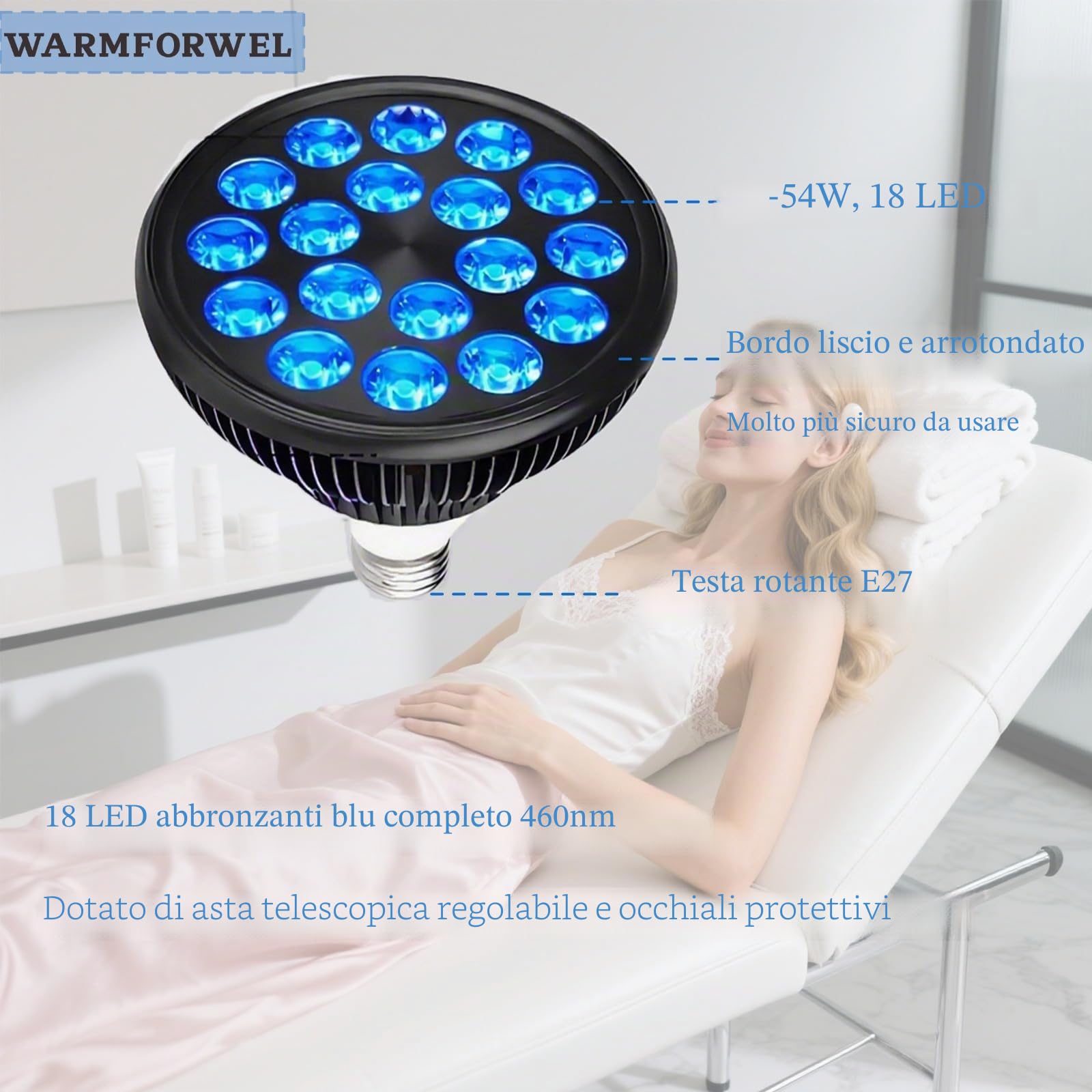 Lampada abbronzante per viso e corpo: 18 LED con terapia della luce blu da 54 W e lunghezza d'onda 460 nm, base e supporto regolabili in altezza, E27, occhiali autoabbronzanti per uso domestico