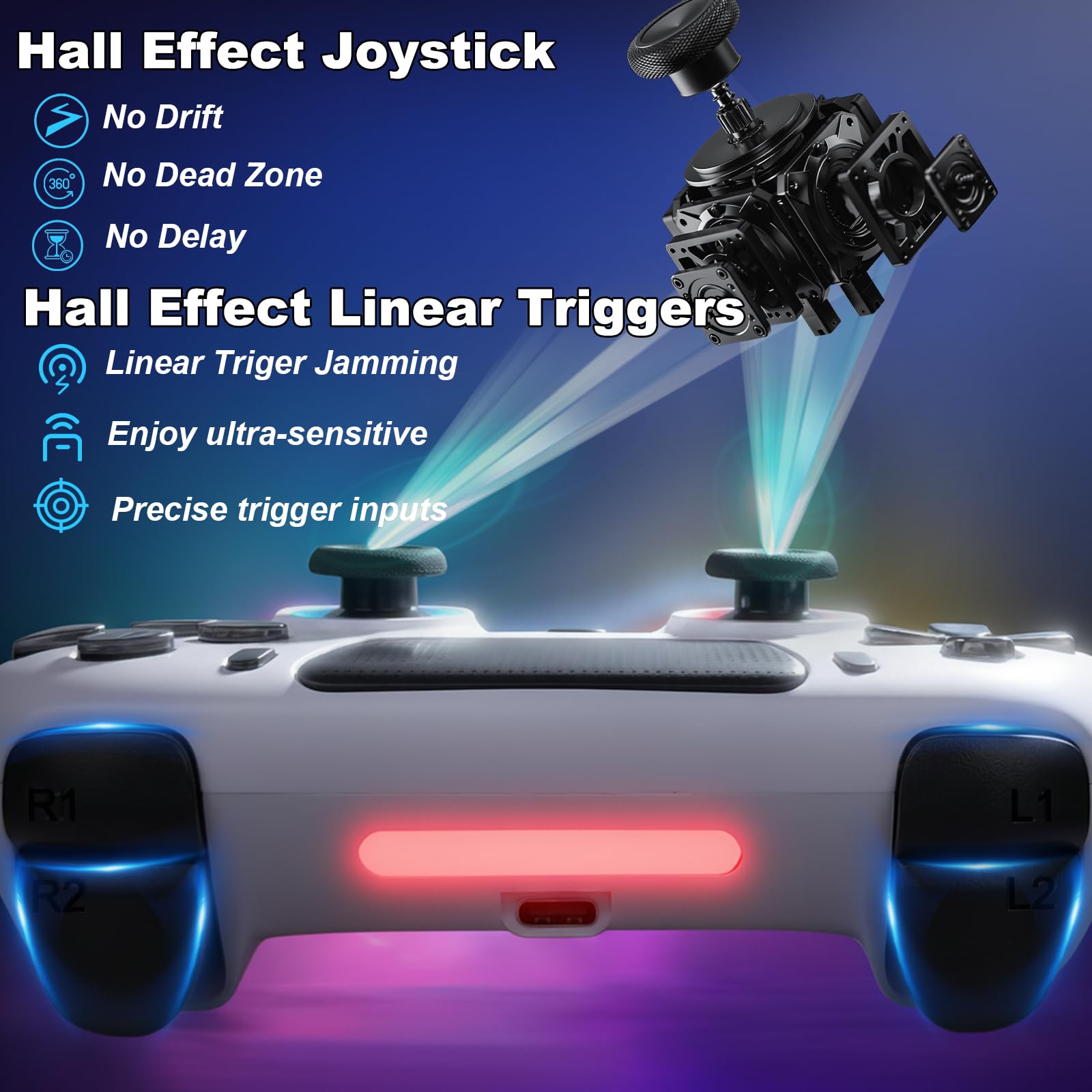 Kontroler Bezprzewodowy DuLingKer z Efektem Halla dla PS4/Pro/Slim, Joystick z RGB i Wibracjami