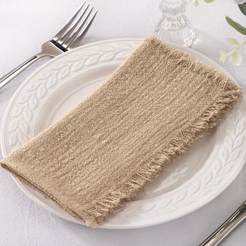 Miniatura 4 de Socomi Servilletas de tela hechas a mano con flecos, juego de 12 servilletas de lino de algodón caramelo de 18 x 18 pulgadas, servilletas rústicas a