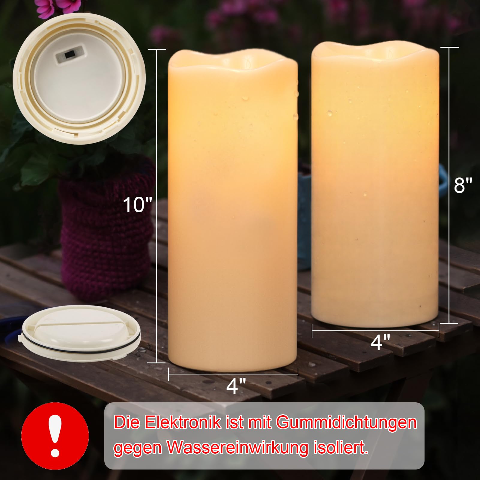 Eldnacele Solar LED Kerzen für Außen, SolarKerzen Outdoor, Wasserdichte Solarleuchte, Akku, Campinglampe Flammeneffekt, Flackerlicht, Dämmerungsschalter AUTO, Creme, 2 Stück