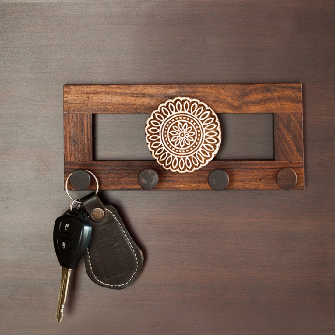 Brown - Hand Carved Sheesham Wood Block Keychain main image 1