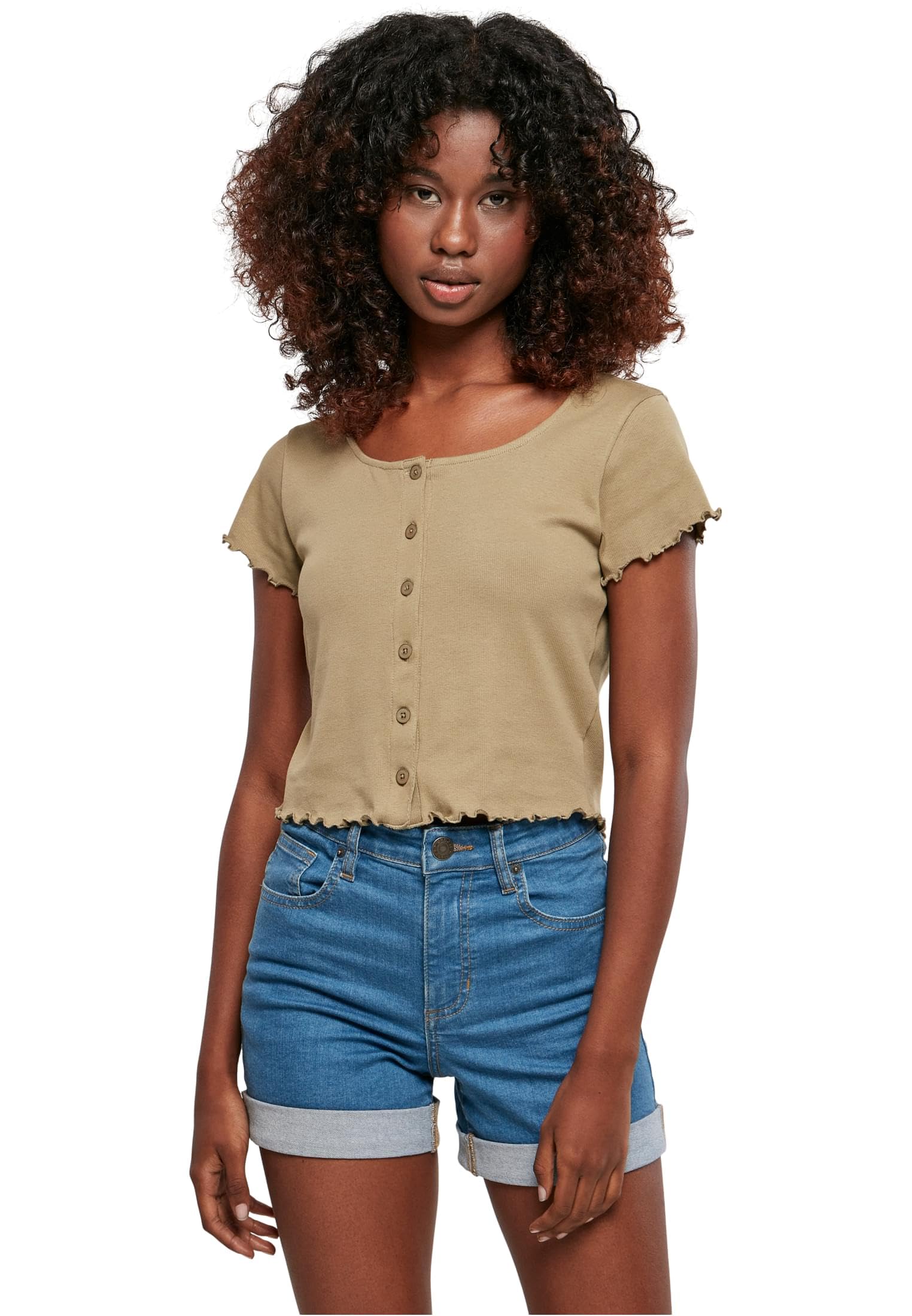 Urban Classics Women's Ladies Cropped Button Up Rib Tee T-Shirt, Khaki, 4XL