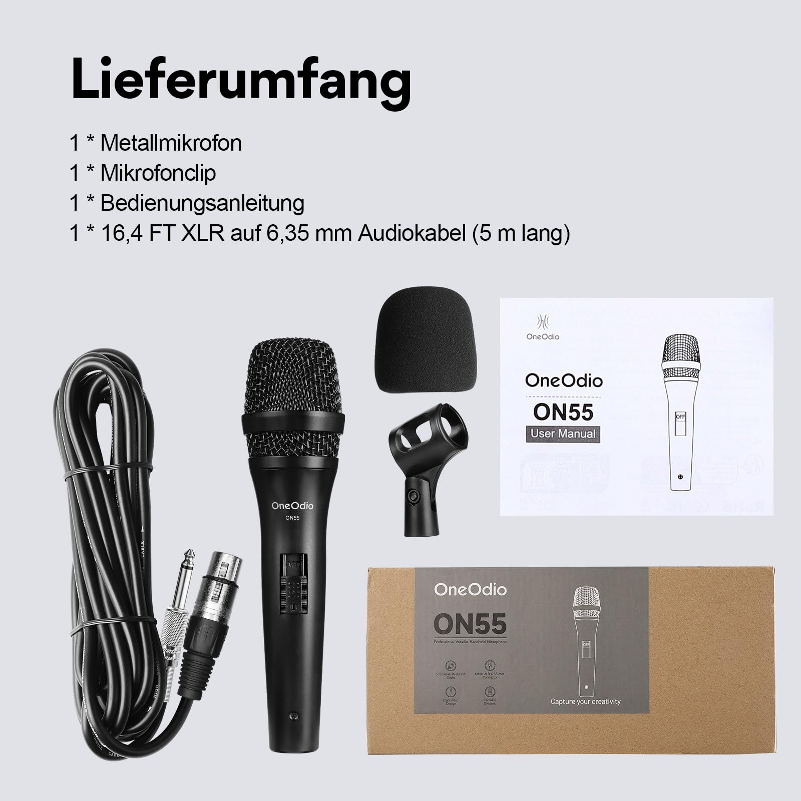 OneOdio ON55 Mikrofon mit Klinkenstecker, Cliphalter & 5m XLR-Kabel, 100% Metallgehäuse, Hervorragende Klangqualität Mikro für Karaoke, Studio, Streaming, Mixer, Podcasts, DJ-Silber
