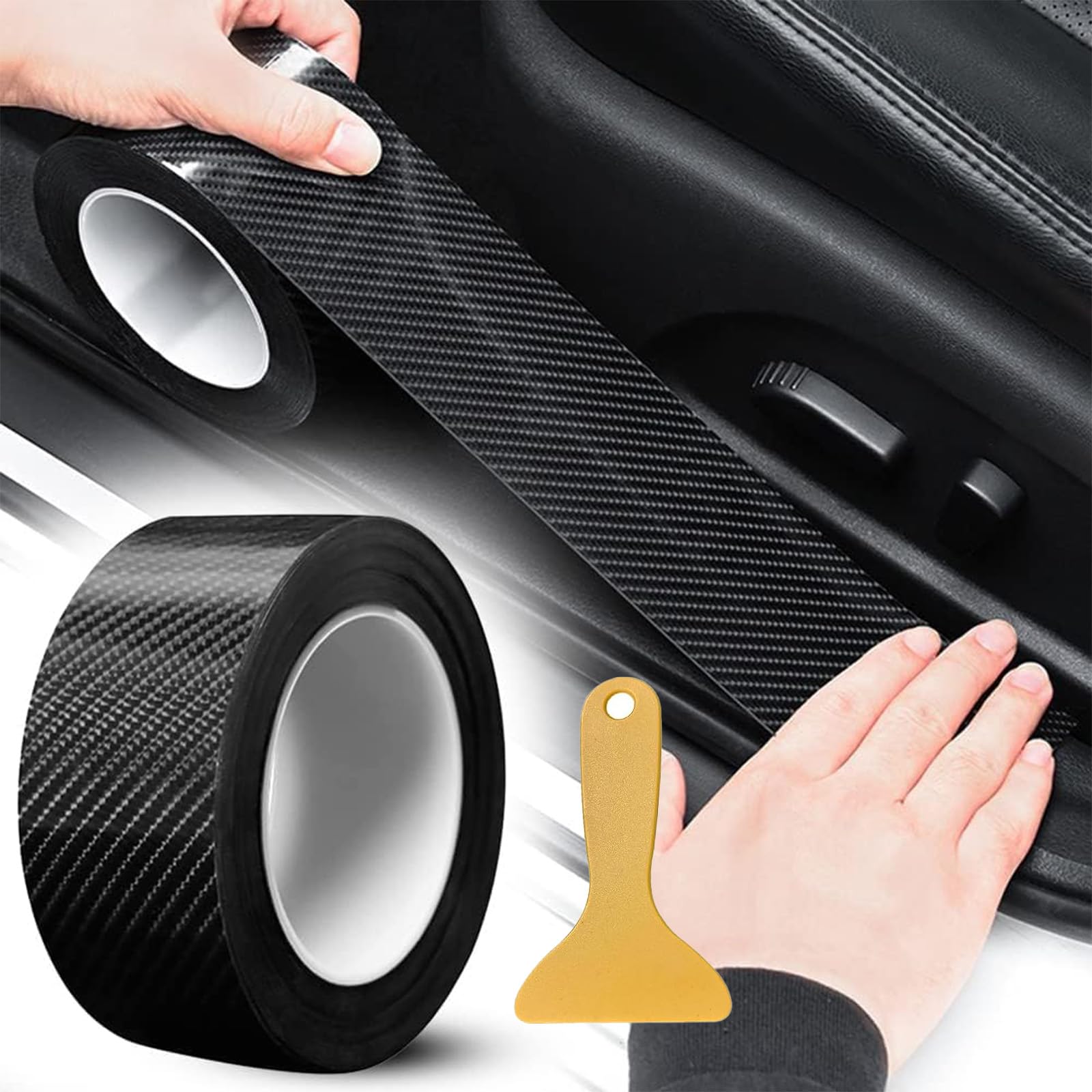 Car Door Sill Protector for Mercedes-Benz C 180 C 200 C 220 C 250 C 300 C 43 AMG C 63 AMG, Car Sill Protectors Strips, Self Adhesive Carbon Fiber Anti Collision Protector Tape with Scraper, 7cm*10m