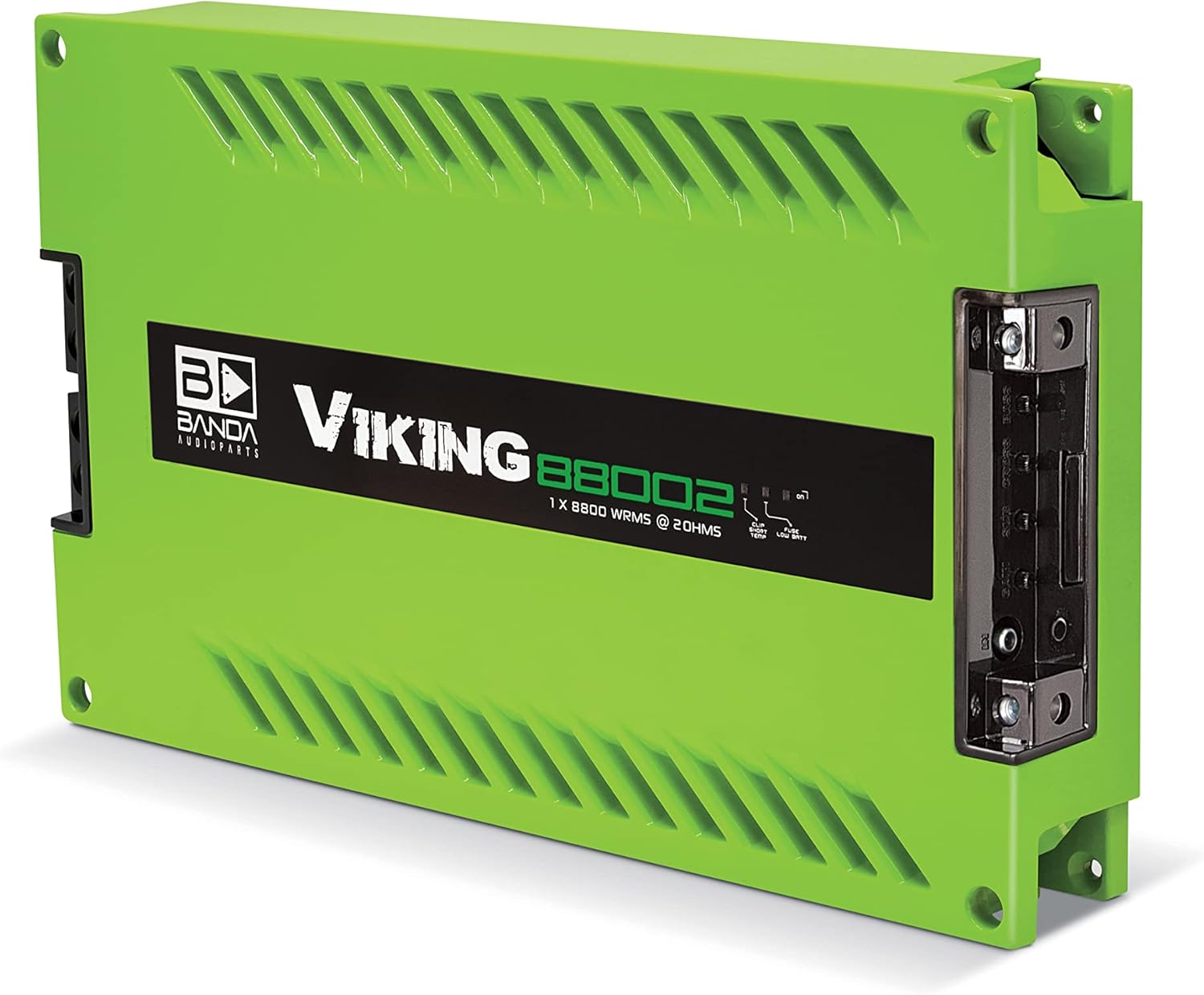 1-Channel Vehicle Audio Bass Amplifier - High-Powered Mono Bass Amplifier w/Subsonic Filter and Low Pass Filter Stable at 2 ohm, LED Indicators, Sound Specialization, Green - BANDA VIKING8800.2GREE