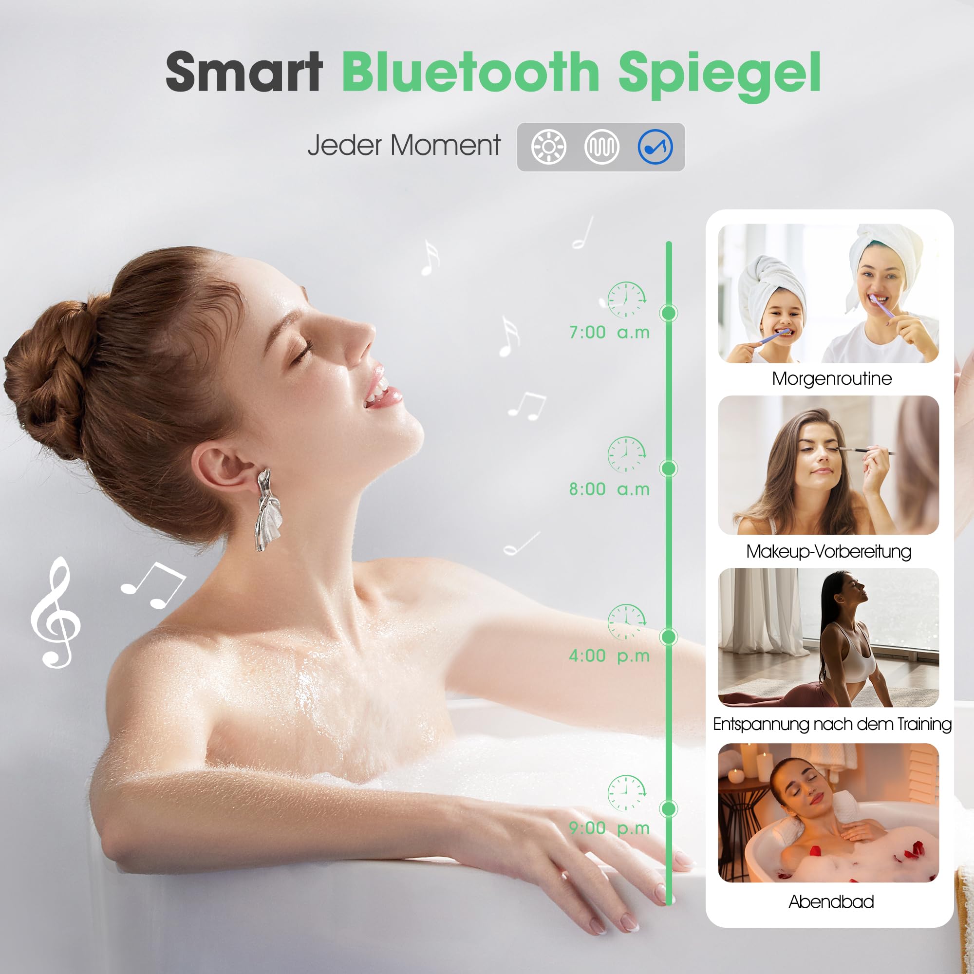 S'bagno Runder-Badspiegel-mit-Beleuchtung-60cm, Badezimmerspiegel-mit-Beleuchtung-und-Bluetooth, Entfoggen, 3000K/4000K/6500K, Dimmbar, HD-gehärtetes Glas, Speicherfunktion, IP44