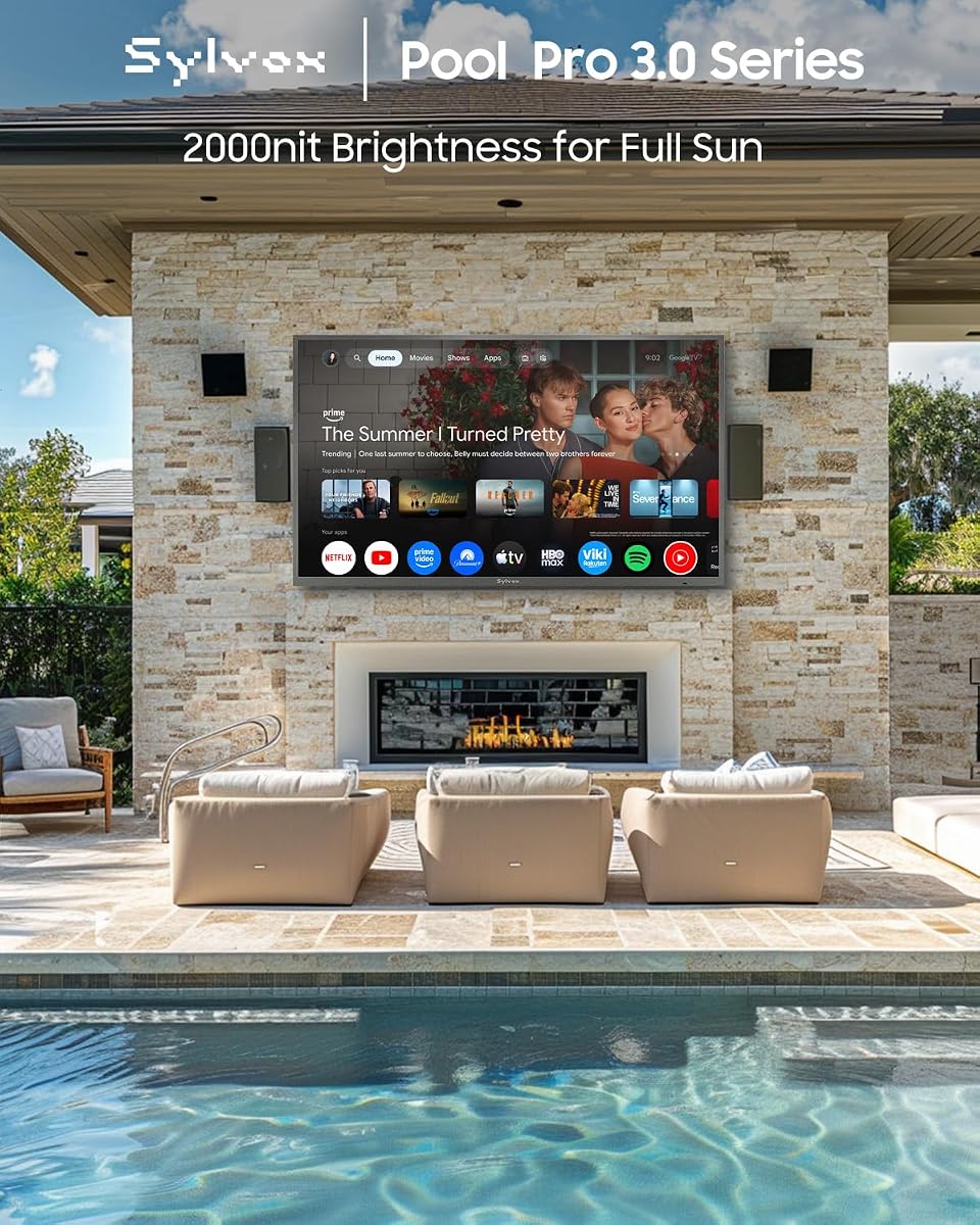 SYLVOX Pool Pro 3.0 Paquete de TV para exteriores, Televisión inteligente para exteriores de 55 pulgadas con pleno sol y montaje en techo, 2000 nits ultrabrillante 4K UHD HDR10, Dolby Atmos, IP55 resistente al agua para piscina, terraza, patio trasero y exteriores