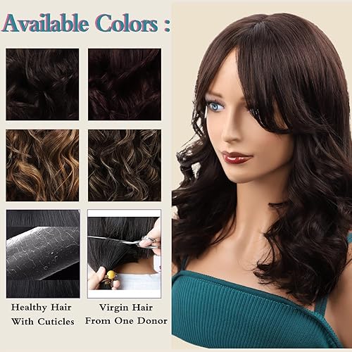 Miniatura 4 de NATAGHAIR Peluca larga marrón con flequillo de cabello humano  Peluca lacia 100% cabello virgen Remy rizado pelucas para mujeres blancas y negras,