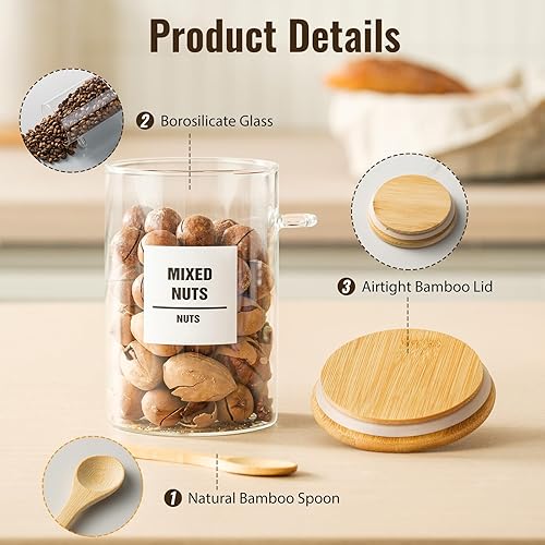 Miniatura 5 de Paquete de 6 tarros de vidrio de 32 onzas con tapas de bambú, recipientes de almacenamiento de vidrio con tapas, tarro hermético transparente de