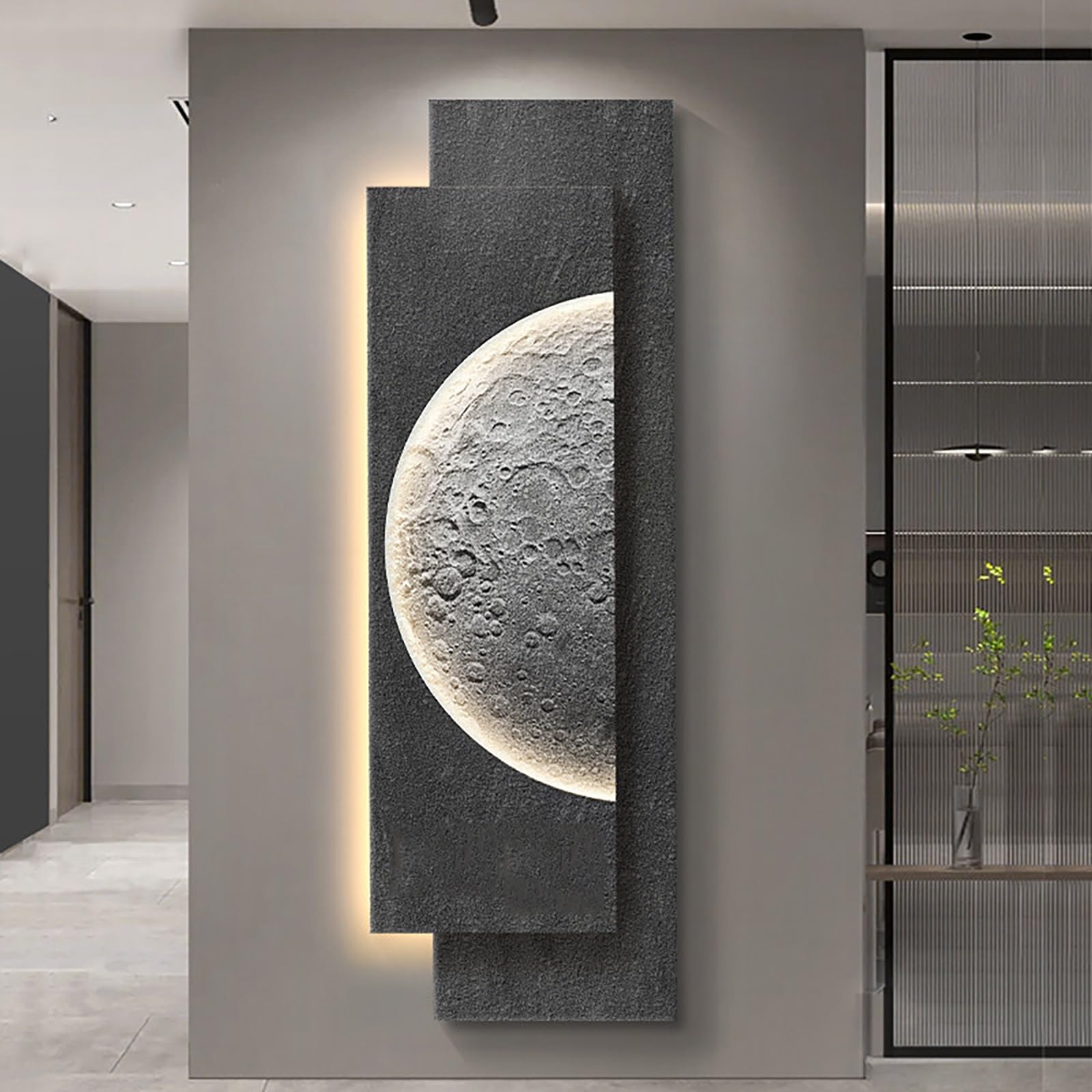 ZCQMSCWW Minimalist 3D Moon Wall Art with LED Light, Sandstone Texture Sculptural Painting for Entryway, Modern Wabi-Sabi Decor for Living Room & Bedroom(B,35 * 100cm/13.7 * 39.3in)