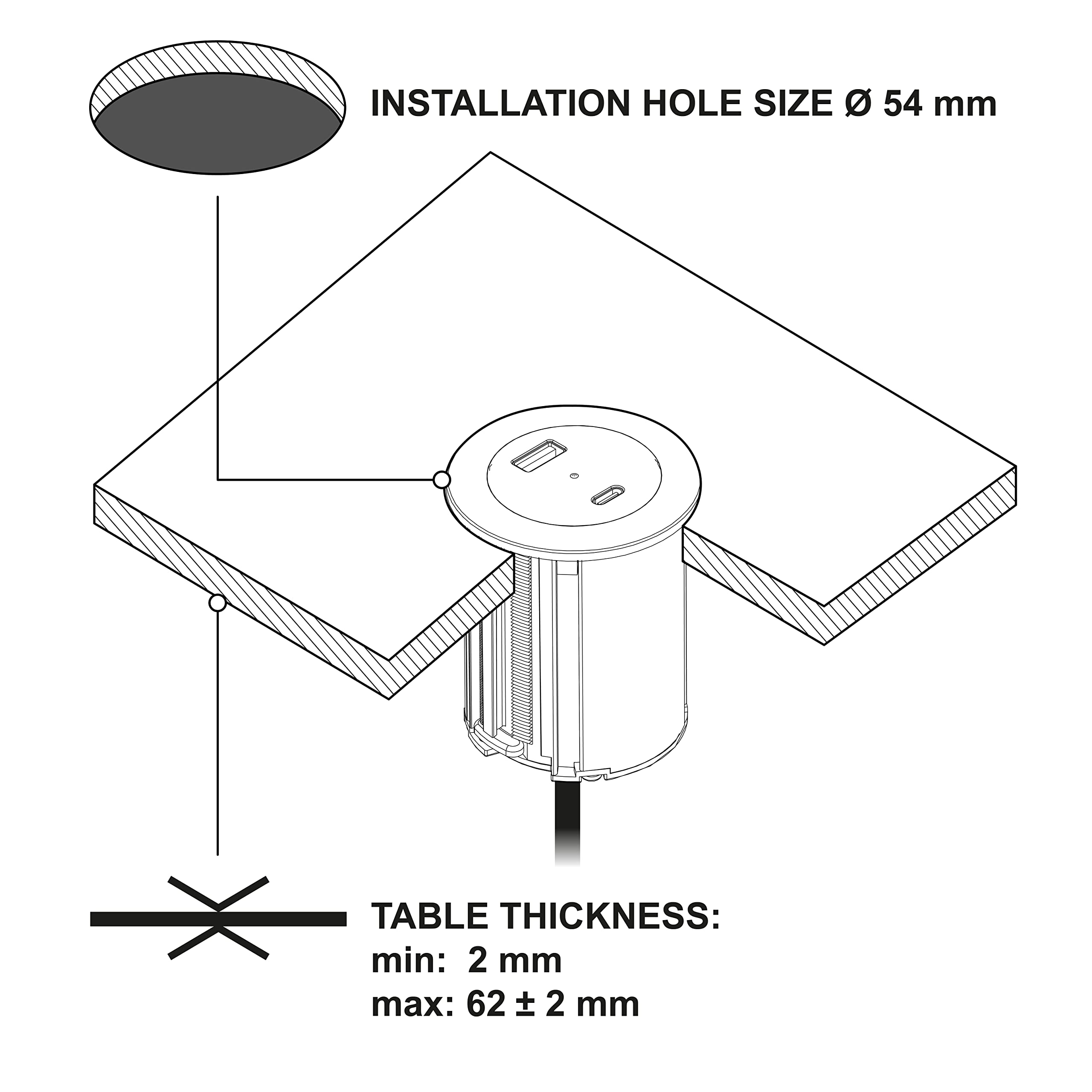 Electraline 62568 Kompaktowa listwa zasilająca z 2 gniazdami USB 45W (1 zasilanie typu C + 1 typ A 3.0A Q.C.), do biurka/stołu, średnica 54 mm lub 60 z dołączonym adapterem, 3 m