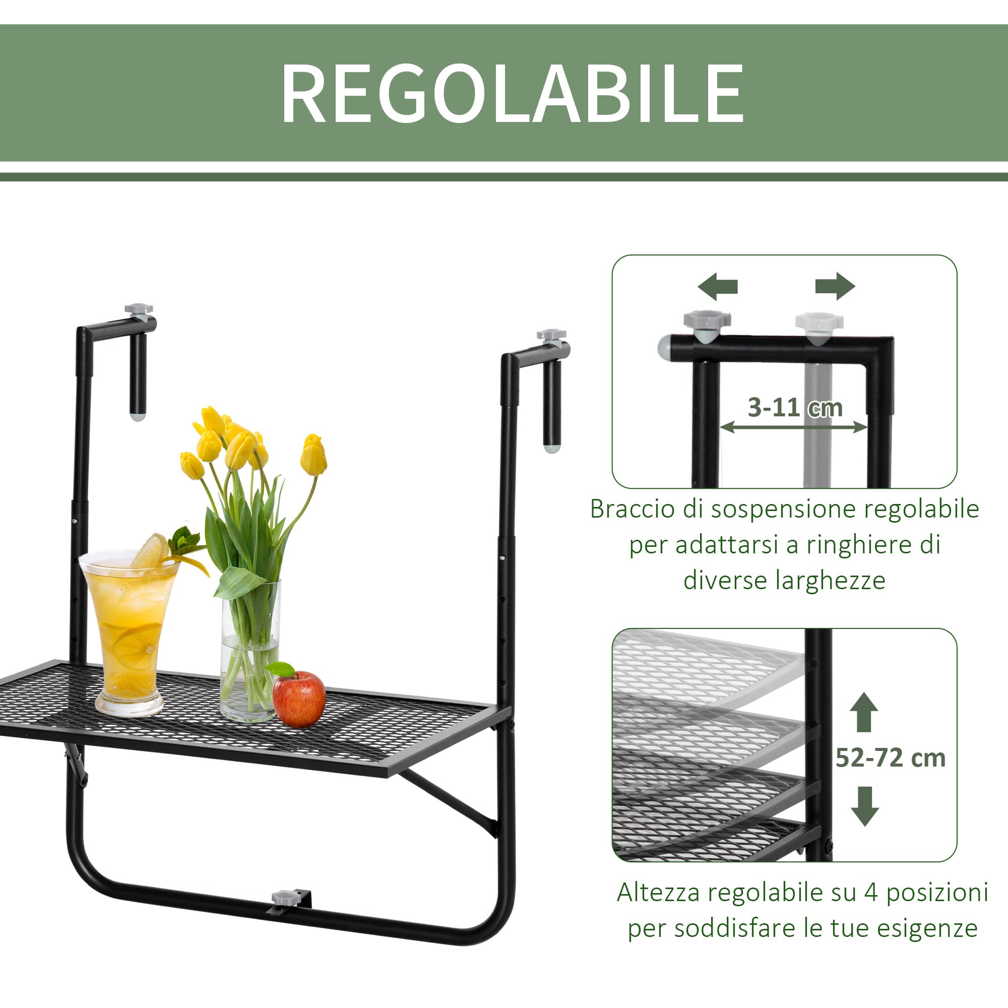 Outsunny Tavolo da Ringhiera Pieghevole in Metallo, 60x60x57-72cm, Nero