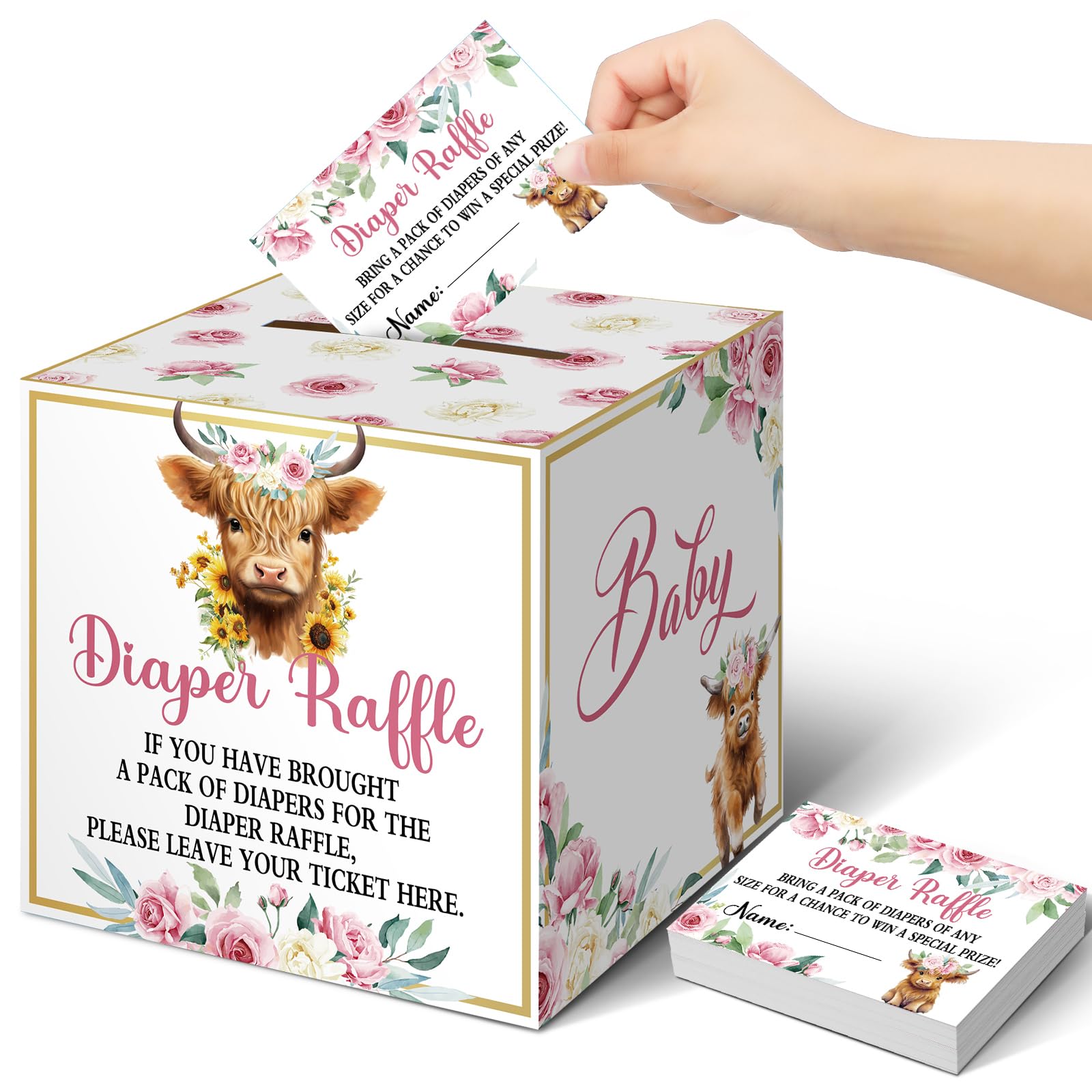 Teling 51 Pieces Diaper Raffle Tickets with Card Box,Highland Cow