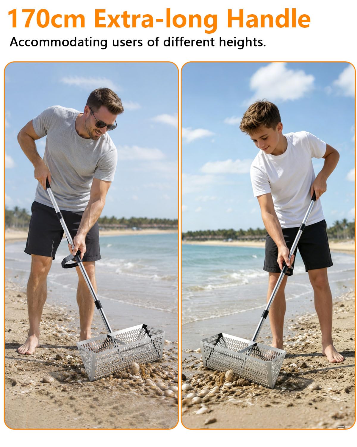 Edelstahl Strand Sandsieb Mit Rutschfestem Griff, Abnehmbarem 170 cm Langen Sandrechen Griff, 20×40cm Korb, Edelstahl 304, für Strand Camping/gemeinsame Aktivitäten mit Kindern