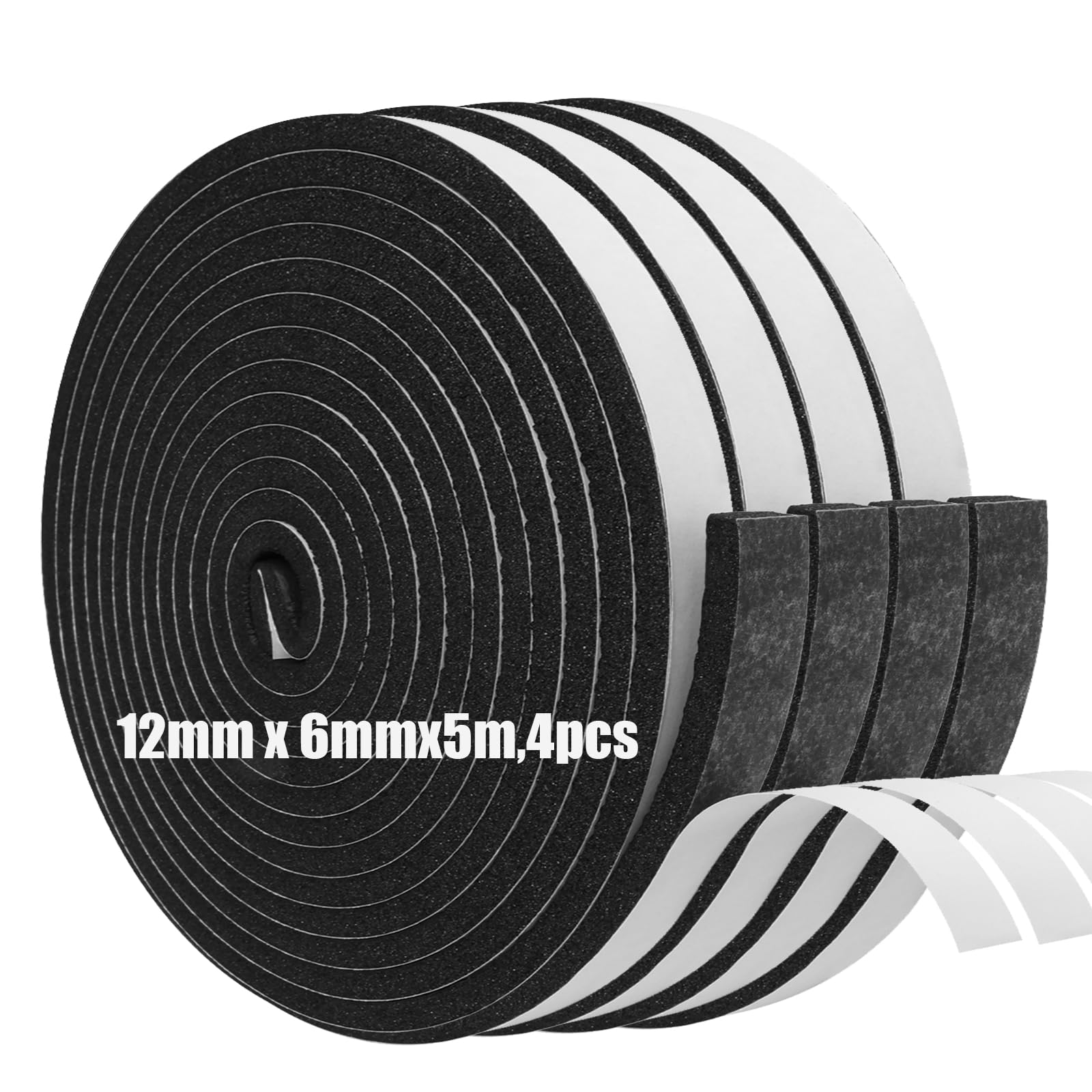 Foam Insulation Tape Self Adhesive,12mm(W) x6mm(T) x5m(L)-4pcs,Weather Stripping for Doors and Windows,Sound Proof Soundproofing Door Seal,Weatherstrip,Cooling,Air Conditioning Seal Strip
