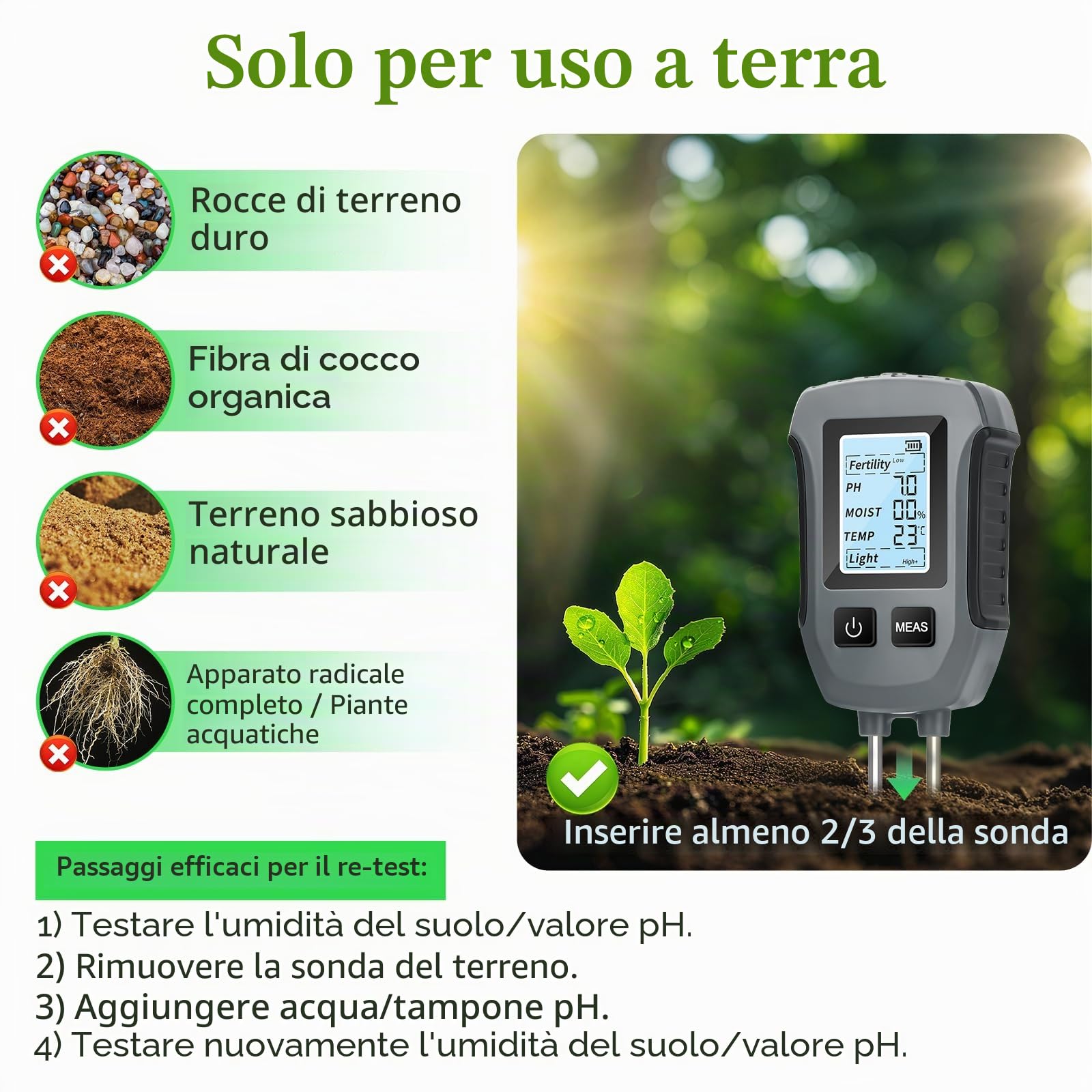 Heemol Misuratore di PH 5 in 1, Tester Multifunzione per fertilità, PH, umidità, Temperatura, Luce, misuratore di Terreno ad Alta precisione per Giardini, Piante e Piante d'appartamento
