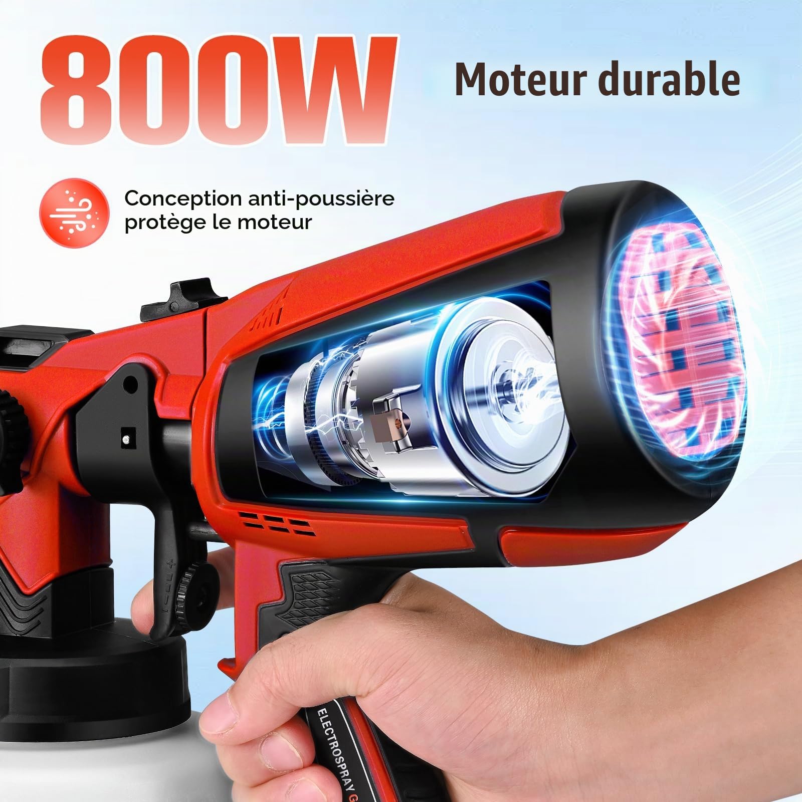 Pistolet à Peinture, Pistolet à Peinture Électrique HVLP 800W avec 4 Buses Cuivre 3 Motifs, Capacité 1400ml Débit Réglable pour Murs Intérieur Extérieur Clôtures Plafonds Meubles, Rouge
