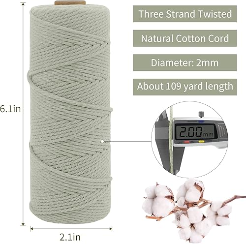 Miniatura 2 de CAMAL Cordón de macramé de 0.079 pulgadas x 109 yardas, cuerda de color trenzado de 3 hebras de algodón natural para tejer, atrapasueños, colgar