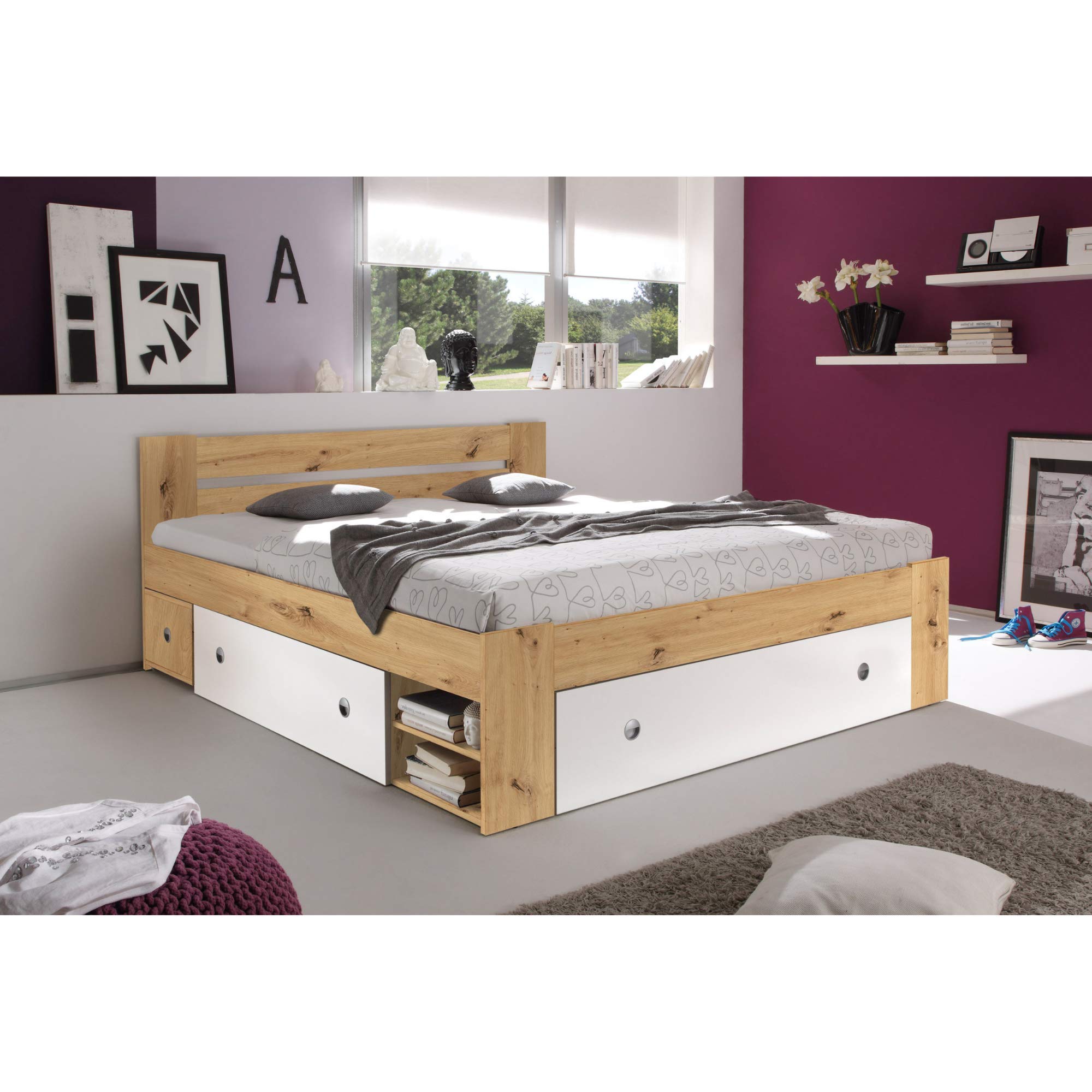 Stella Trading Stefan Moderne Doppelbett Bettanlage 180 x 200 cm mit 2x Nachtkommoden - Schlafzimmer Komplett-Set in Artisan Eiche Optik, Weiß - 185 x 86 x 204 cm (B/H/T)