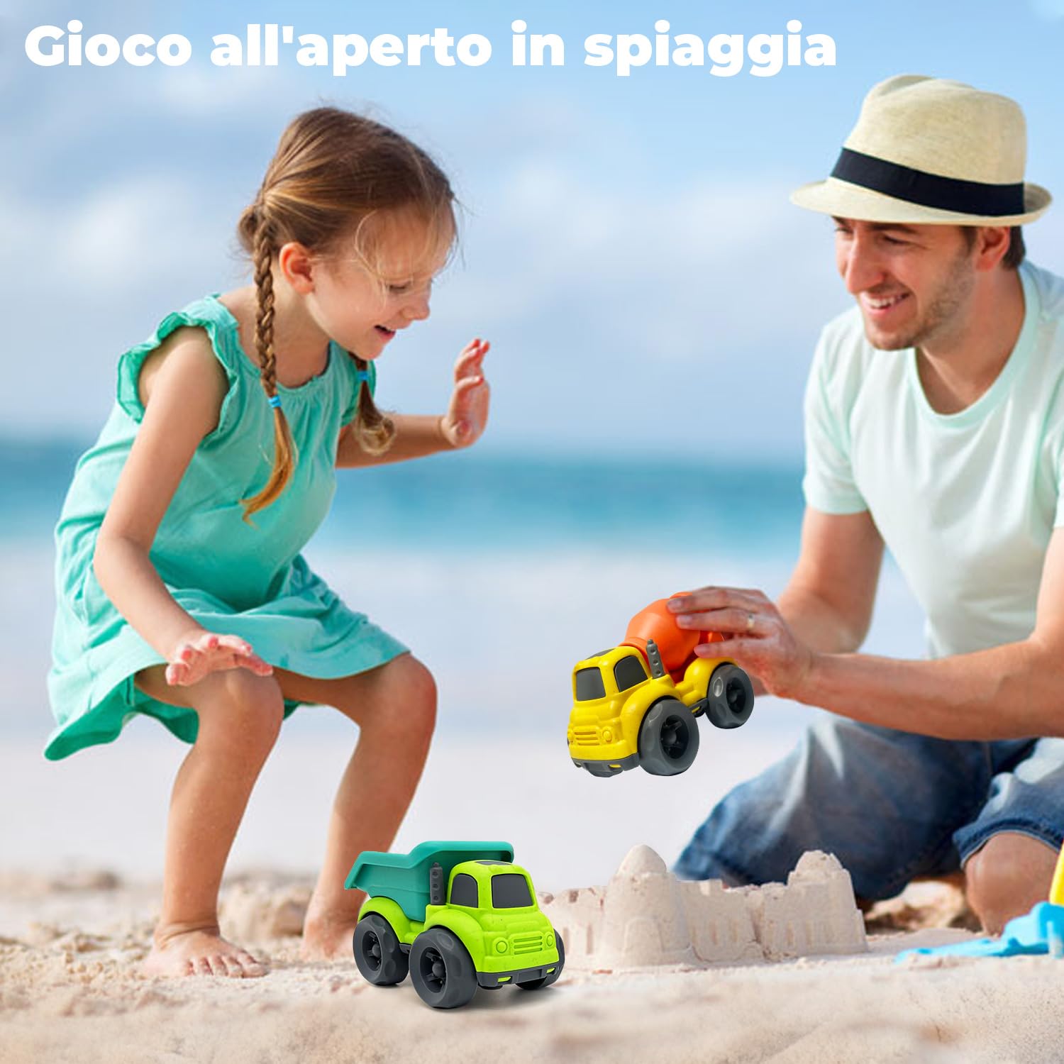 Camion e Macchinine 2-Pacco per Bambini 1-3 Anni, Mezzi da Cantiere Giocattoli e Giochi da Spiaggia - Regalo Maschio